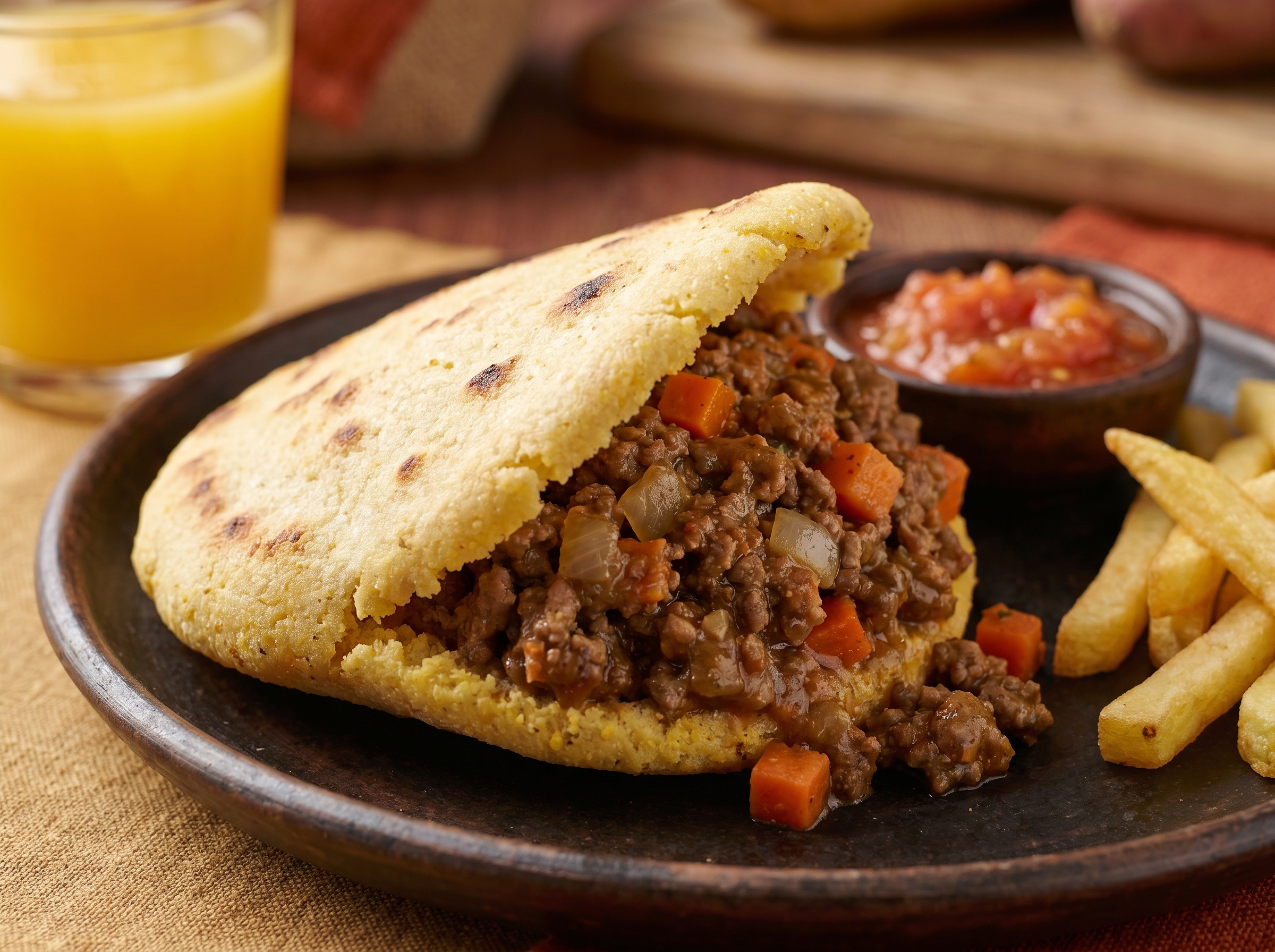 Arepa Australiana Rellena de Carne y Gravy (Estilo Meat Pie)