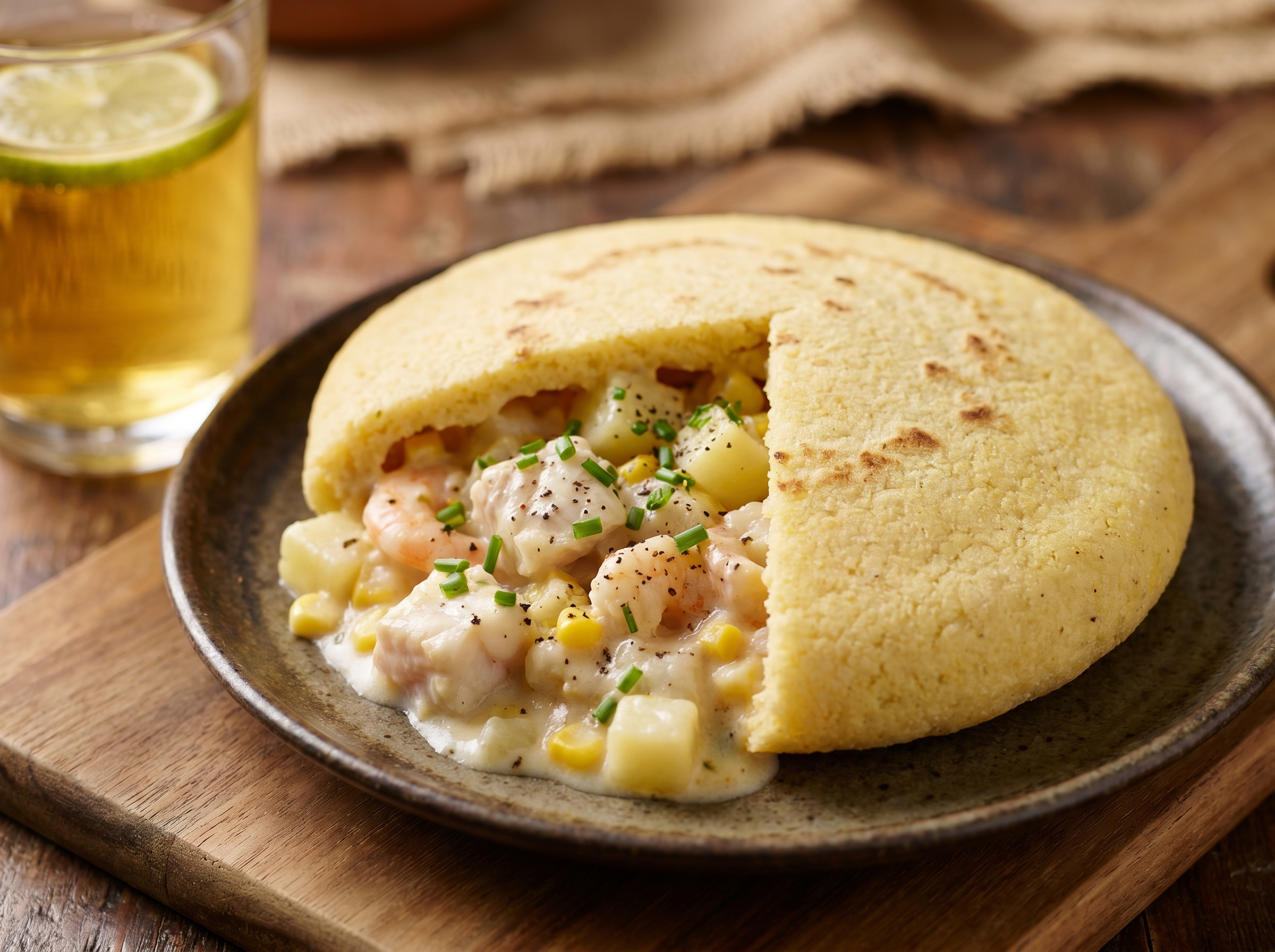 Arepa de Chowder de Mariscos Tasmania