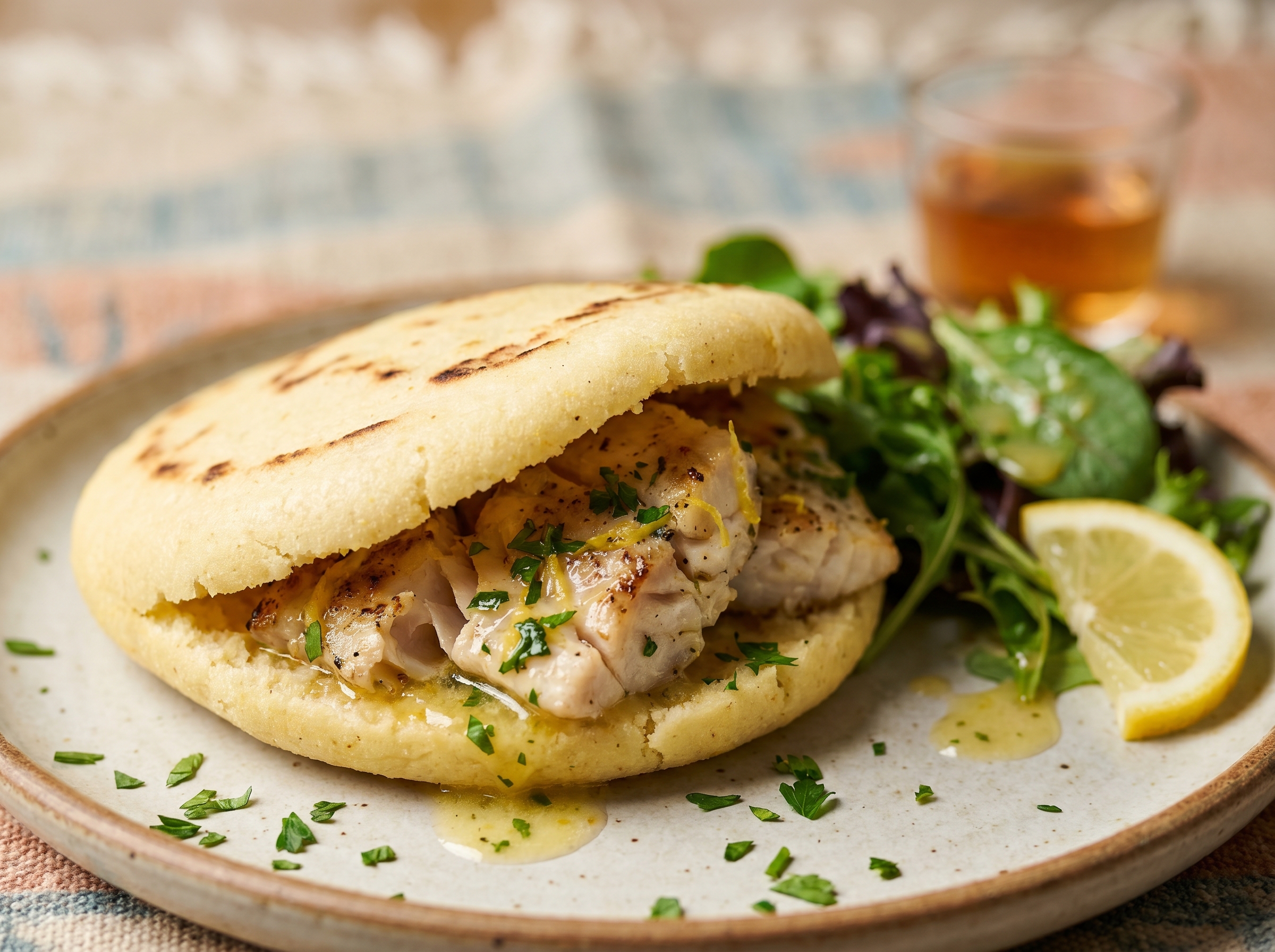 Arepa Rellena de Barramundi a la Parrilla con Mantequilla de Limón