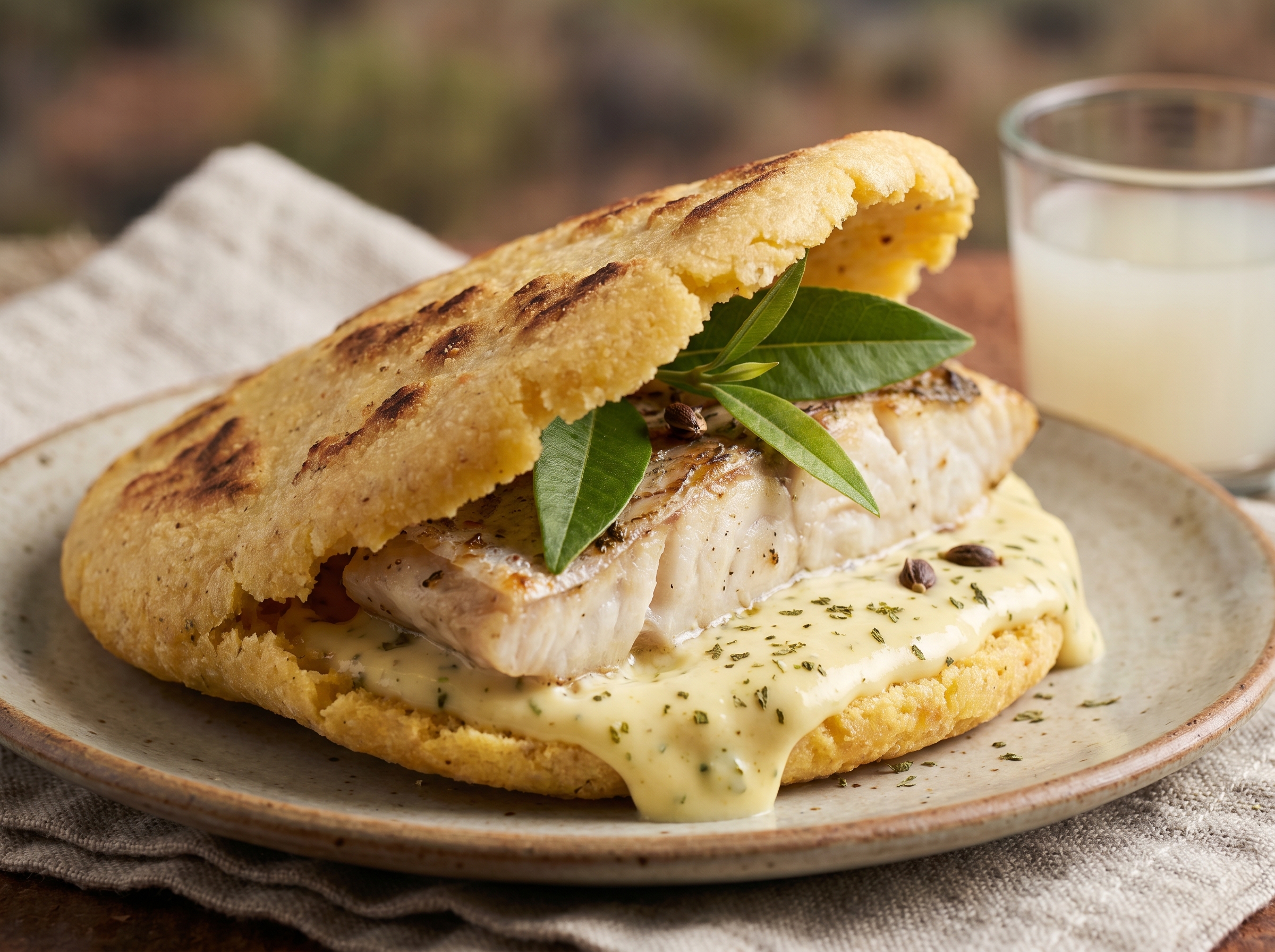 Arepa de Barramundi con Crema de Limón Mirtáceo