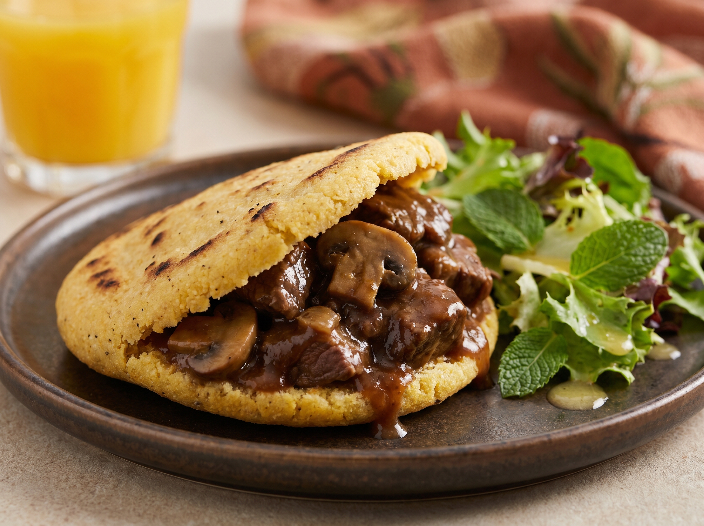 Arepa de Carne y Champiñones al Estilo Australiano (Goondiwindi)