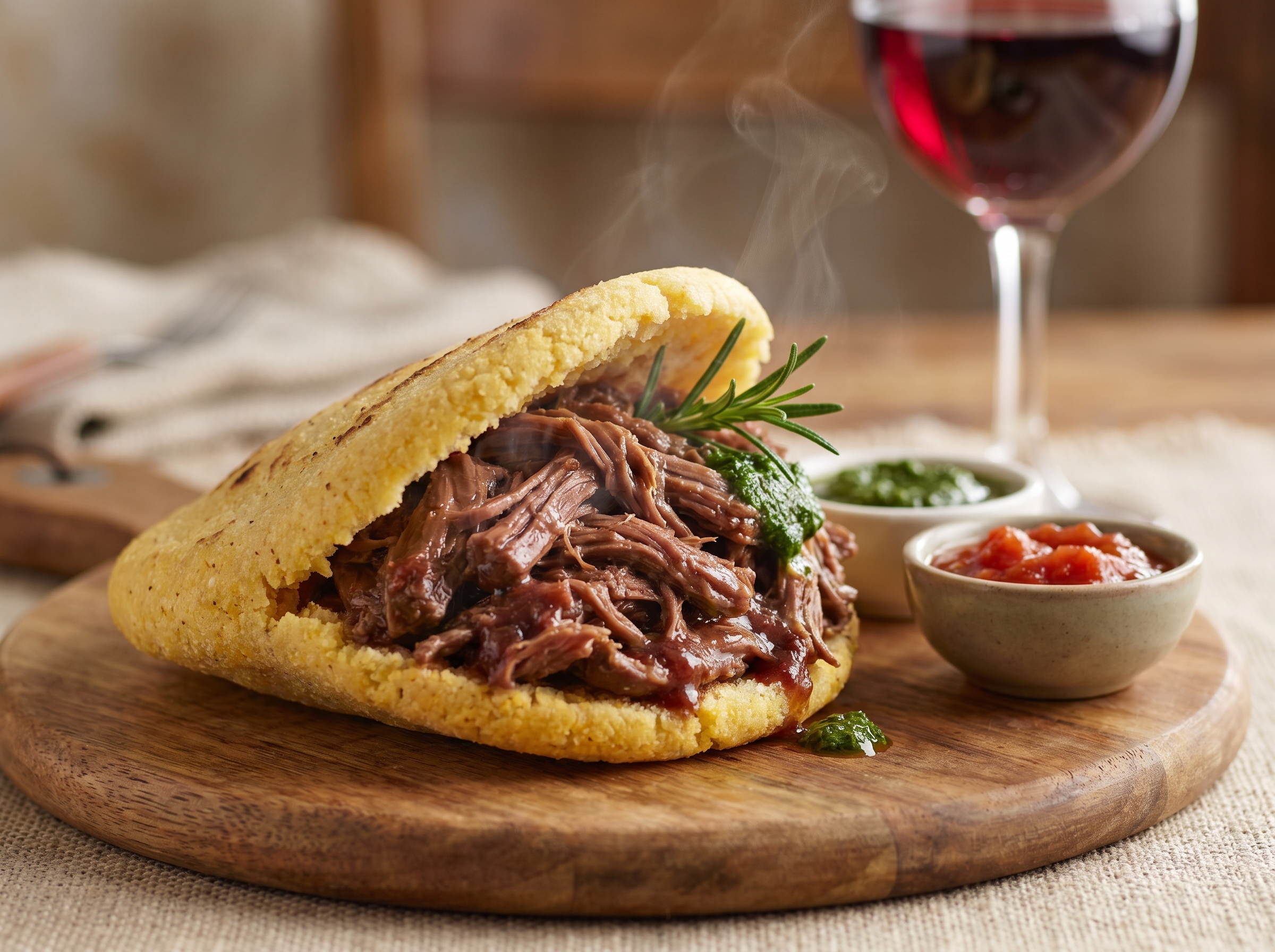 Arepa Estilo Hamilton: Cordero Braseado con Romero y Vino Tinto