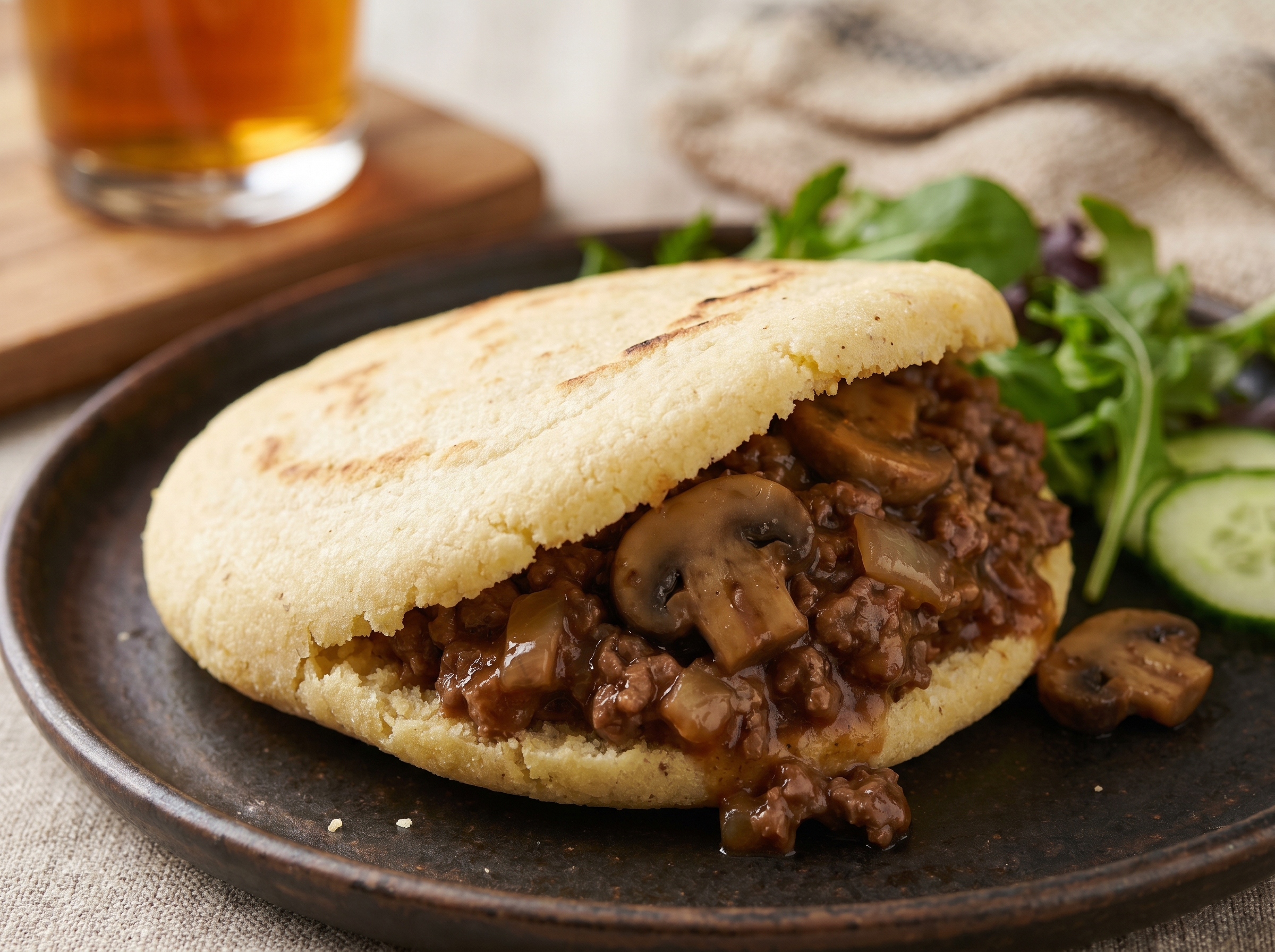Arepa rellena de carne y champiñones estilo pie australiano