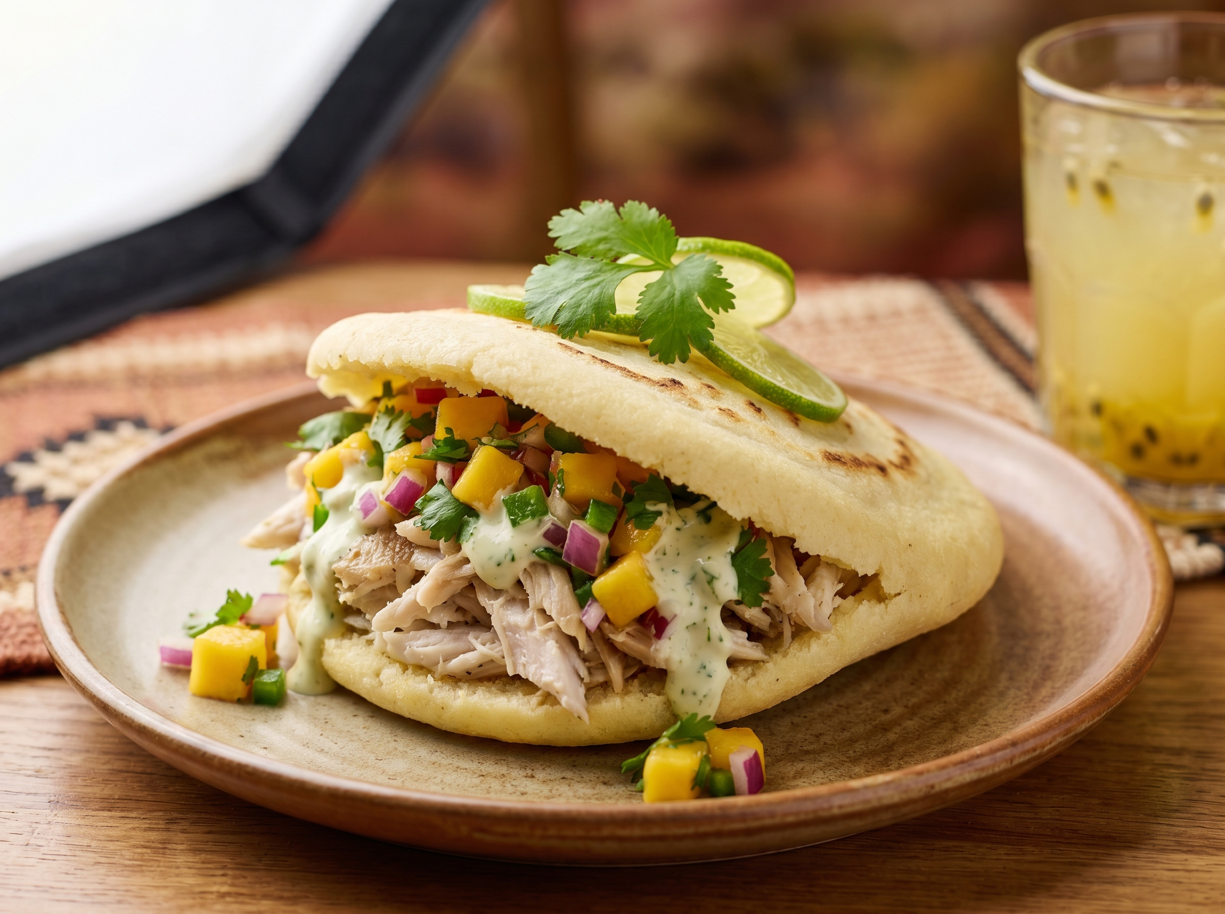 Arepa de Barramundi con Salsa de Mango y Crema de Limón