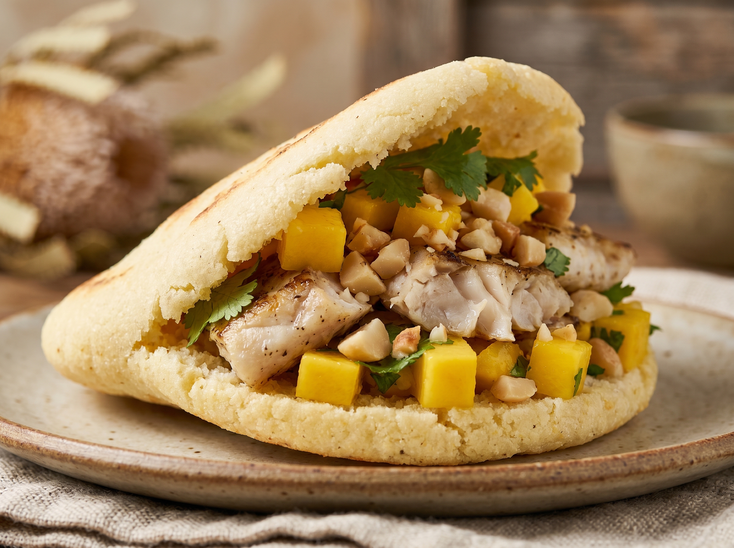 Arepa de Barramundi con Salsa de Mango y Macadamia