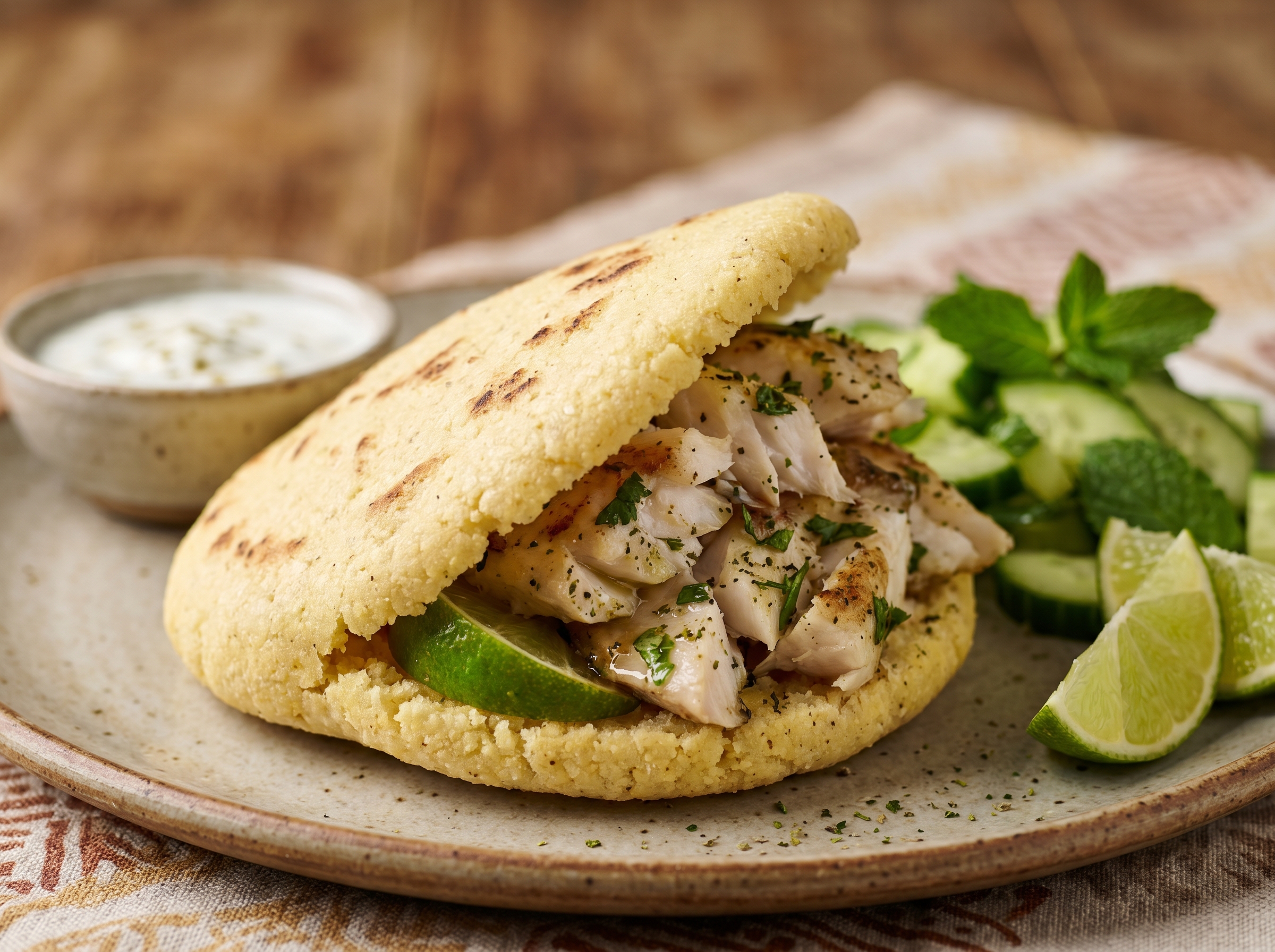 Arepa de Barramundi con Lima y Mirto Limón