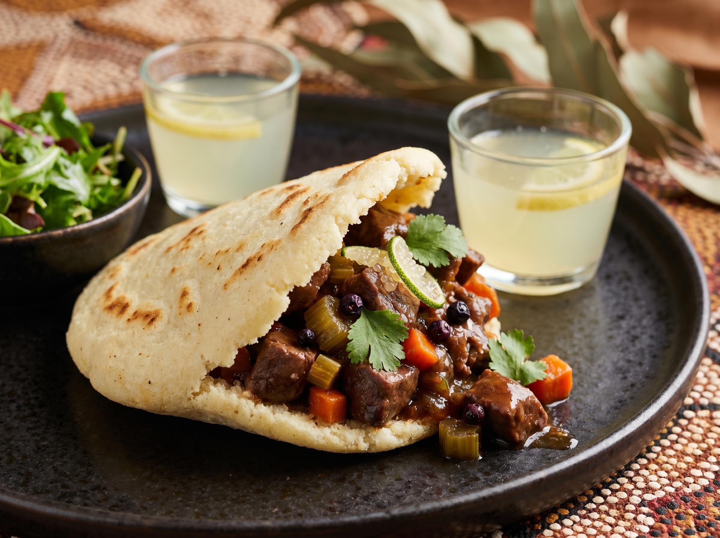 Arepa de Canguro con Estofado de Pepperberry
