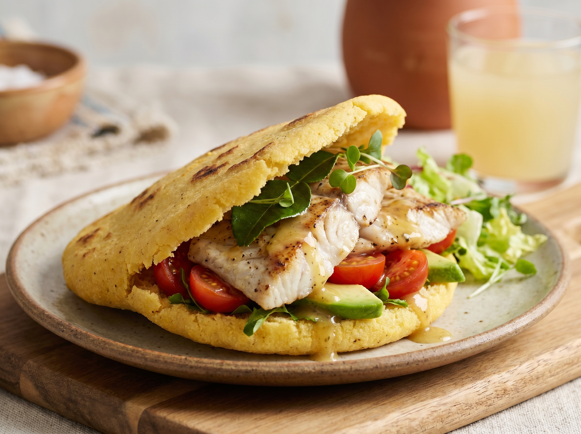 Arepa de Barramundi Australiano con Aderezo de Limón Mirto y Macadamia