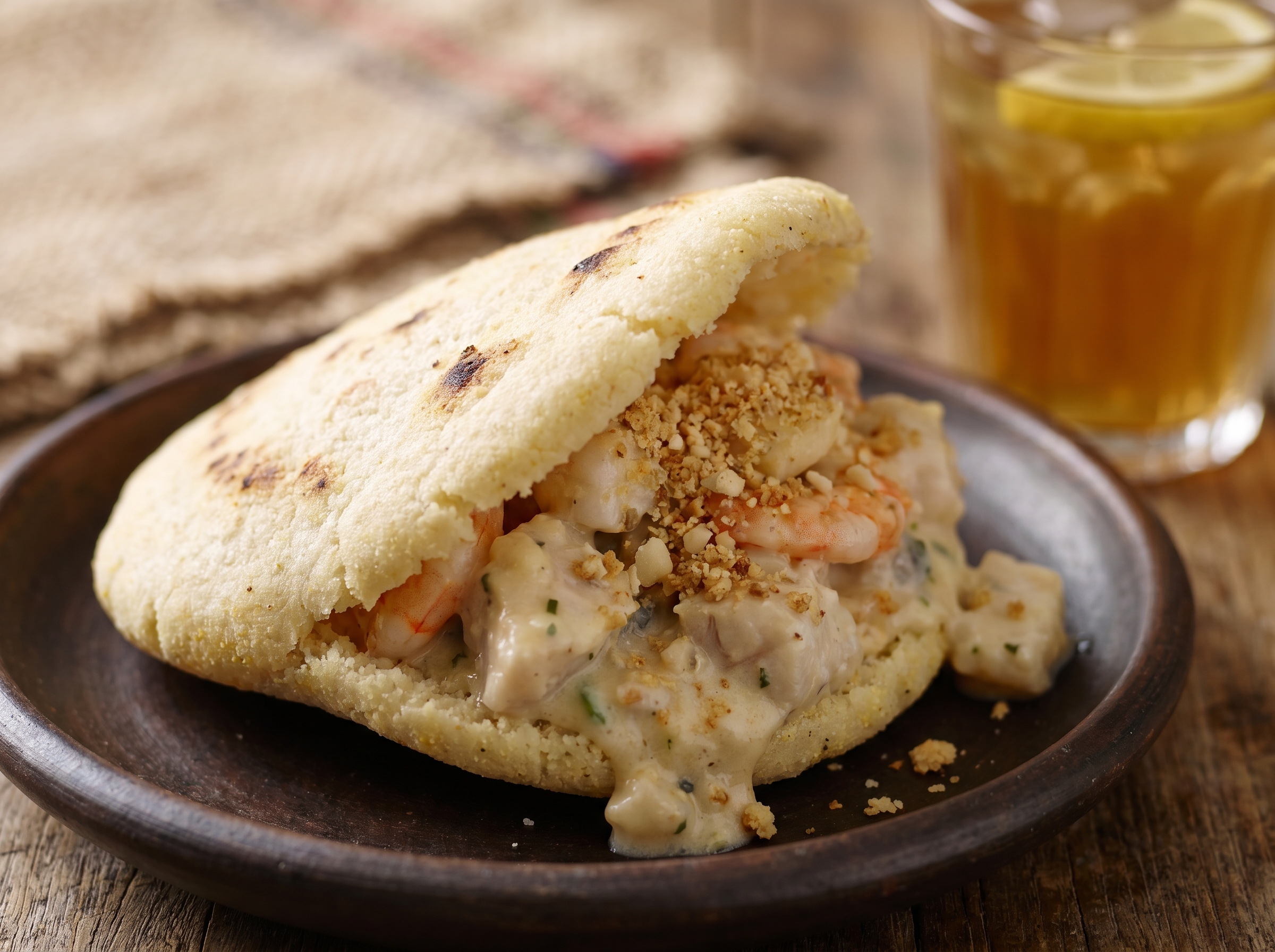 Arepa Kingscliff: Seafood Chowder Stuffed Arepa con Masa de Lemon Myrtle y Macadamia Crumb