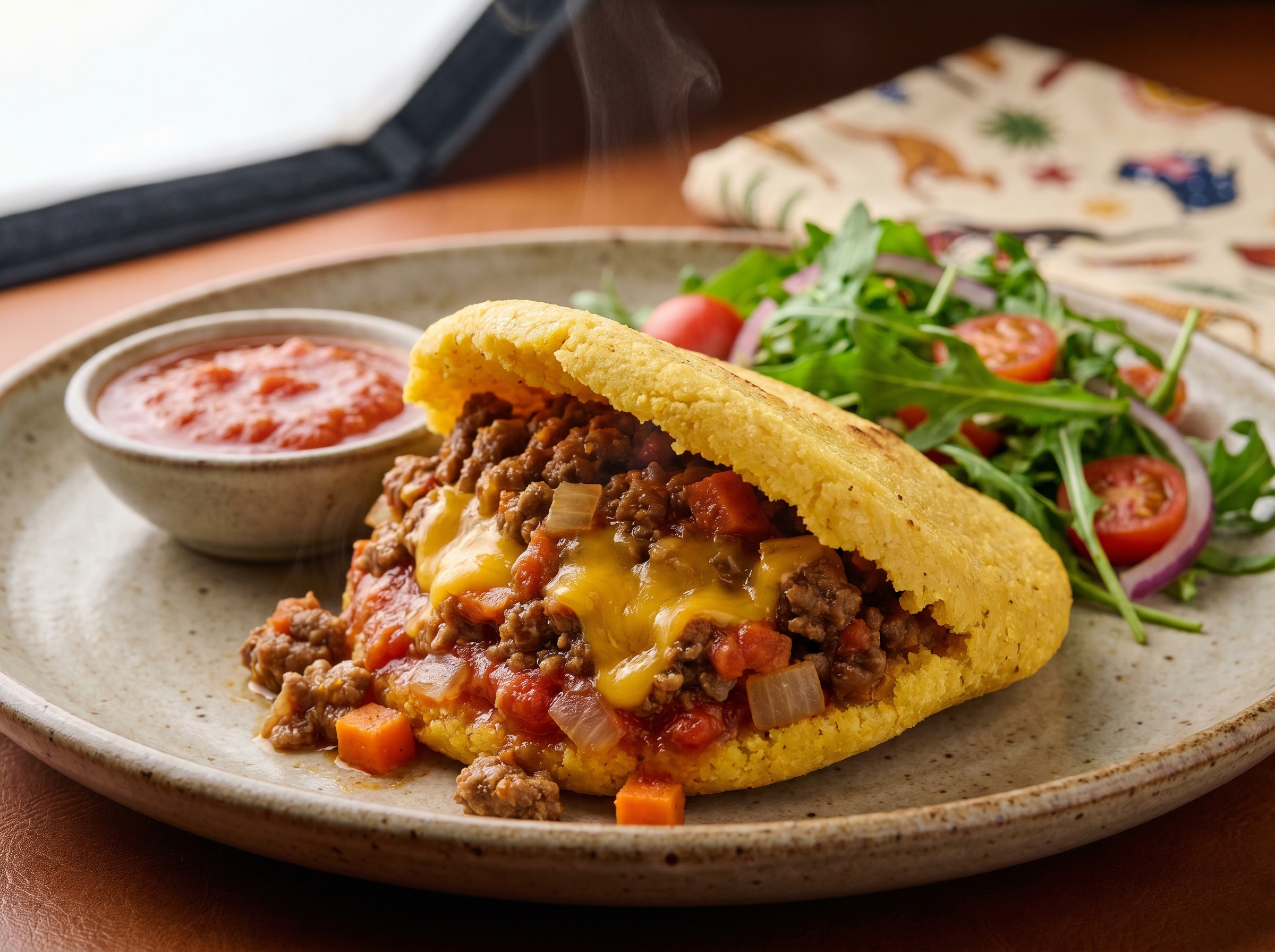 Arepa Rellena de Carne Australiana con Salsa de Tomate y Cheddar