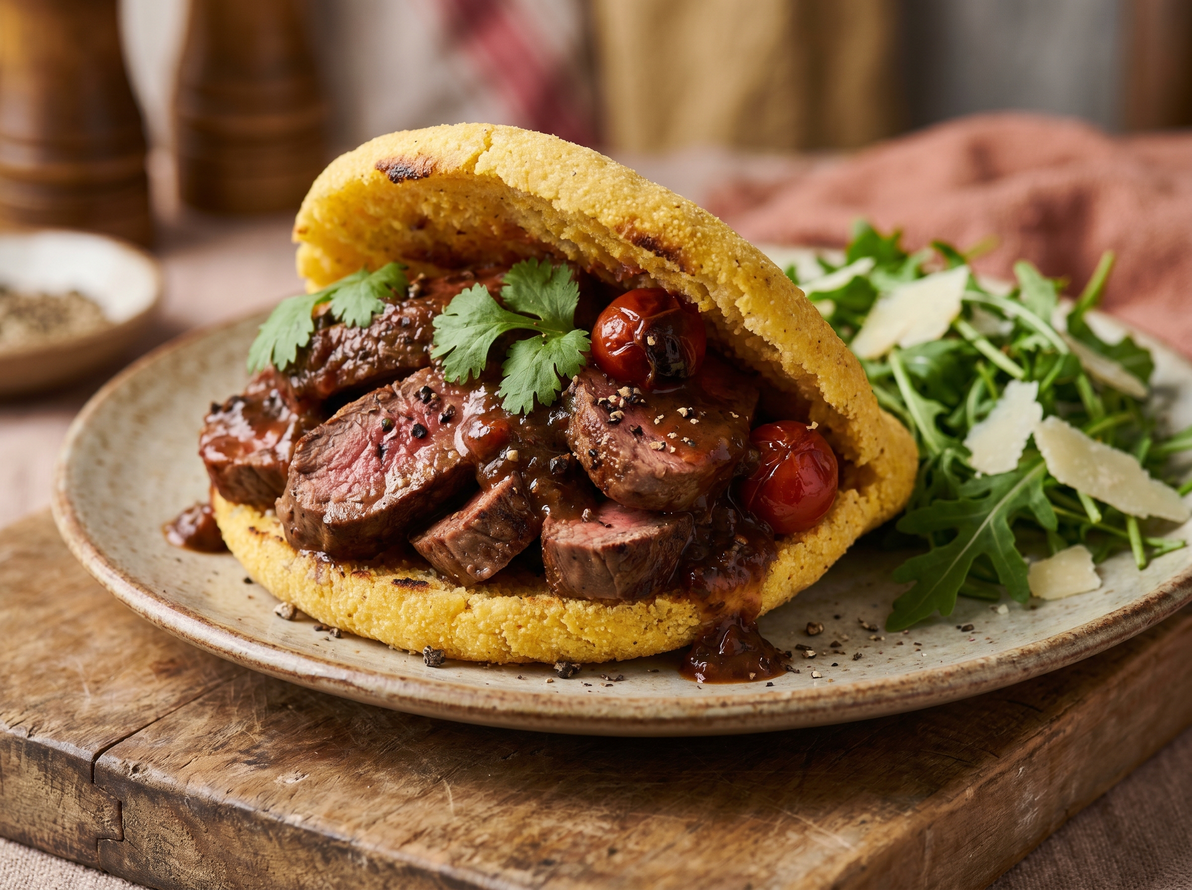 Arepa Rellena de Filete de Canguro con Salsa de Pimienta y Bush Tomato