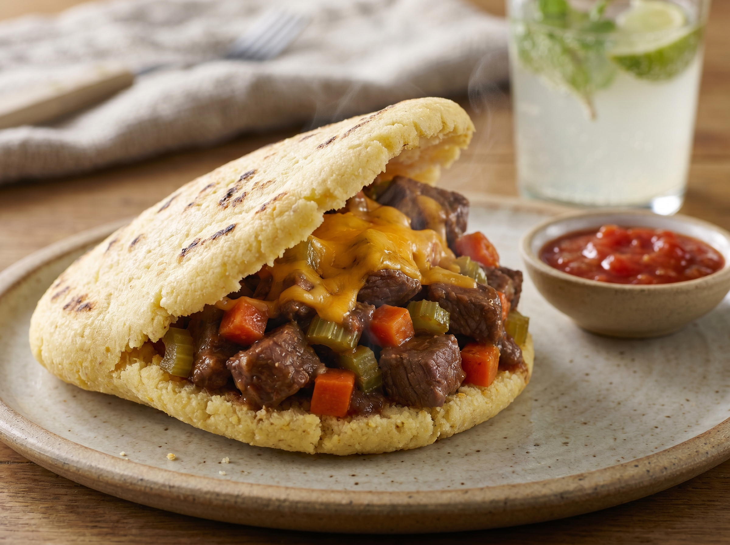Arepa Maffra: carne estofada y queso cheddar australiano