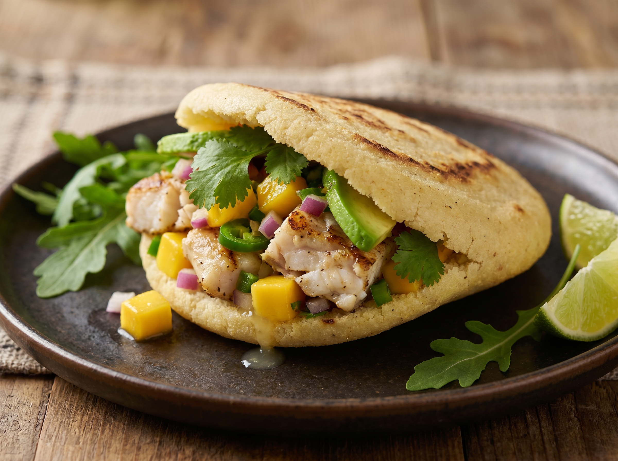 Arepa de Barramundi a la Parrilla con Salsa de Mango