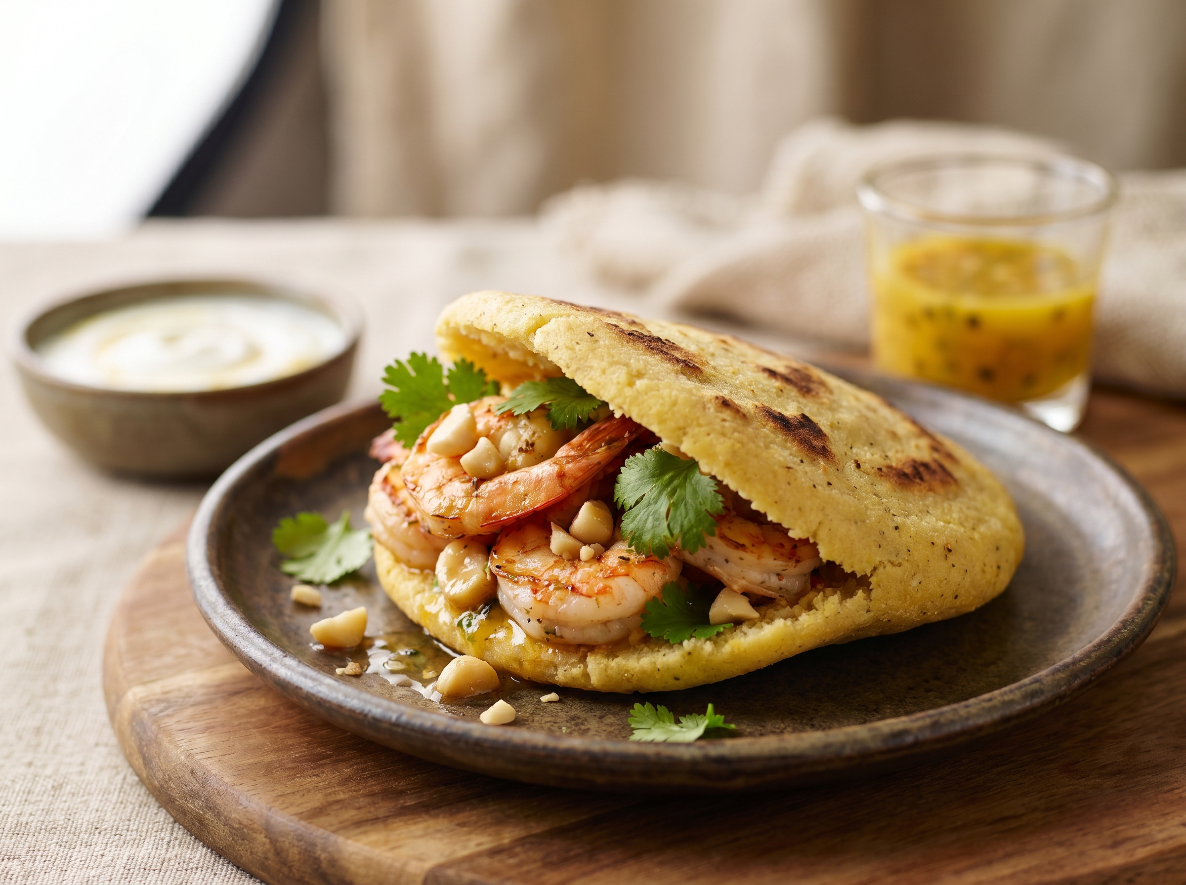Arepa de Gambas Australianas con Limón Mirtáceo y Macadamia
