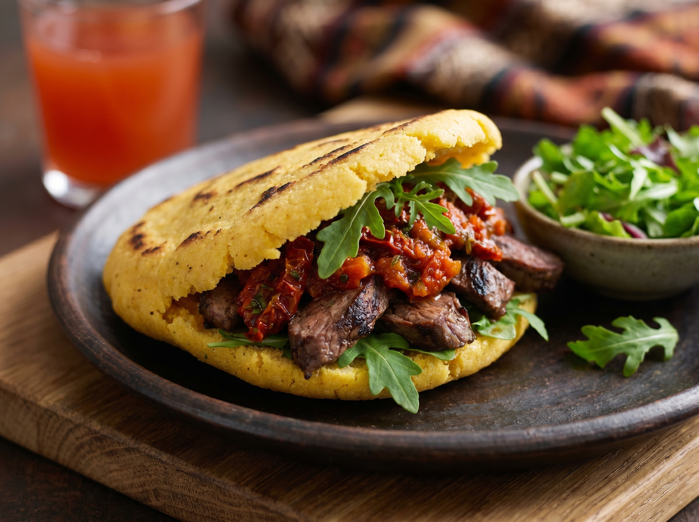 Arepa Estilo Newman: Kanguro Asado con Relish de Tomate Silvestre