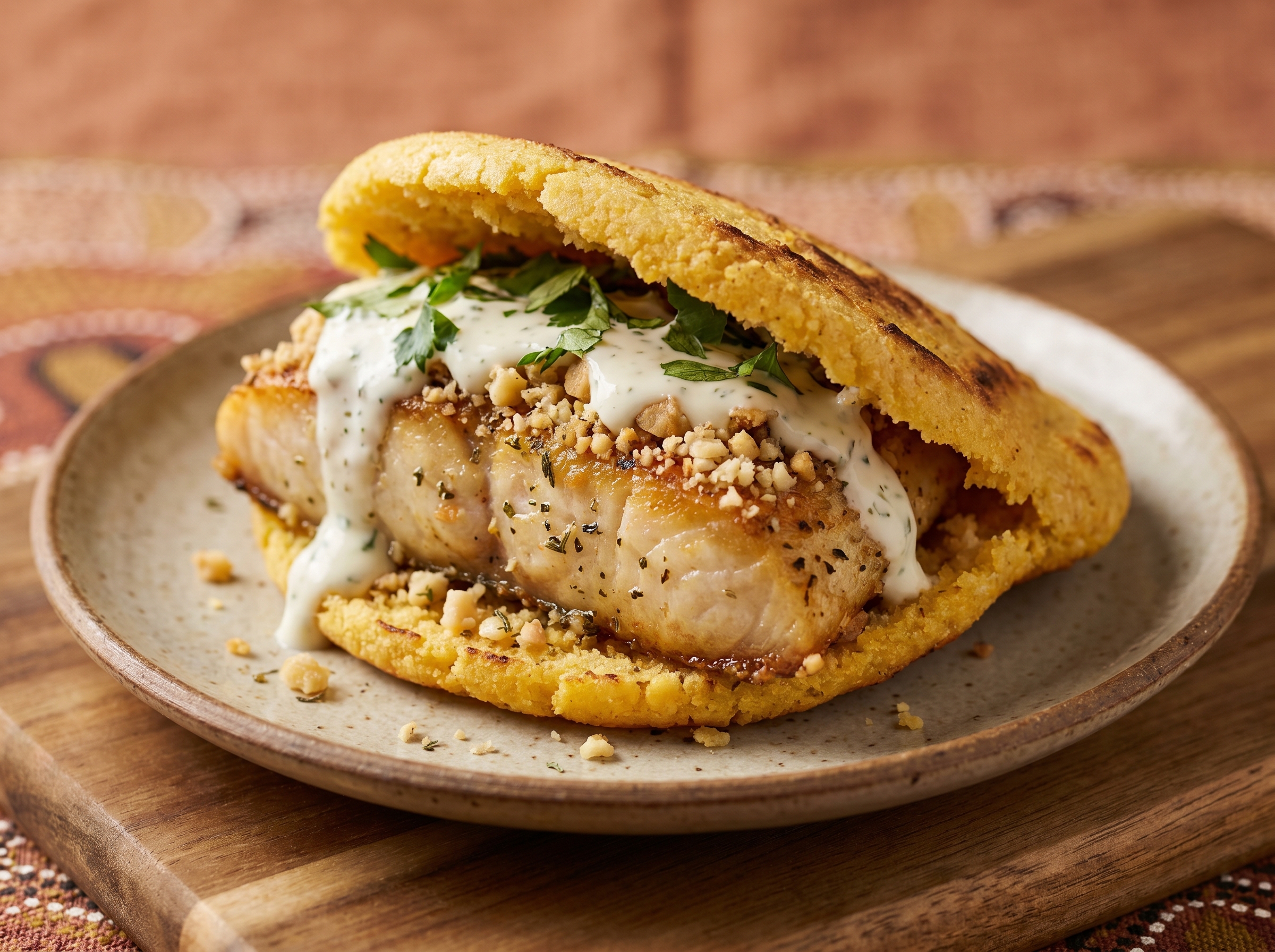 Arepa de Barramundi con Costra de Macadamia y Limón Mirtáceo