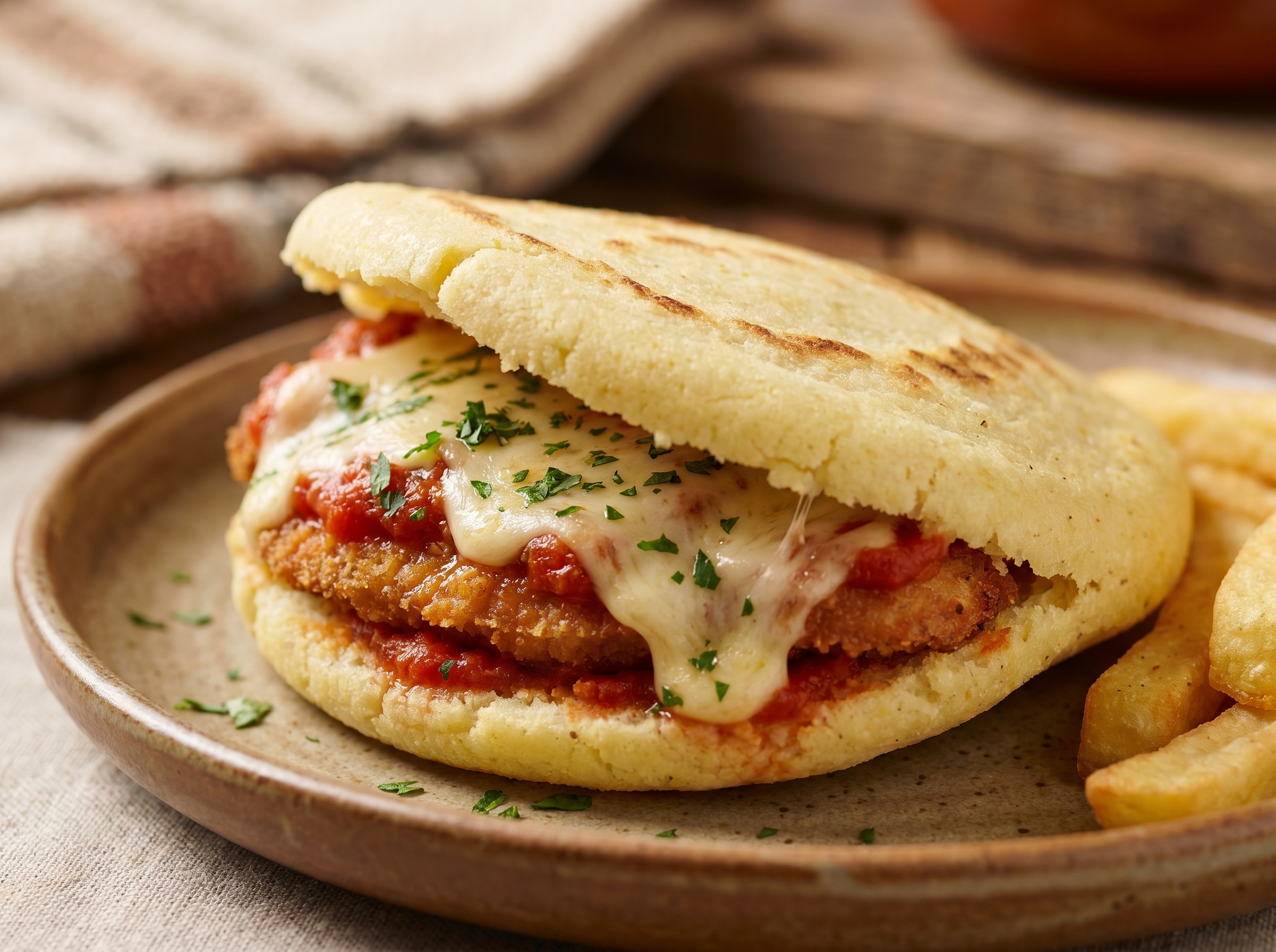 Arepa de Pollo a la Parmigiana Australiana