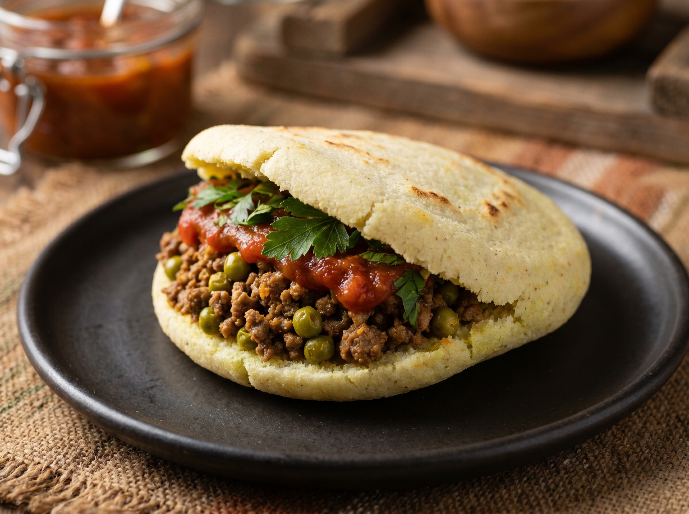 Arepa Pie Floater (Australia): Arepa Rellena de Carne y Guisantes