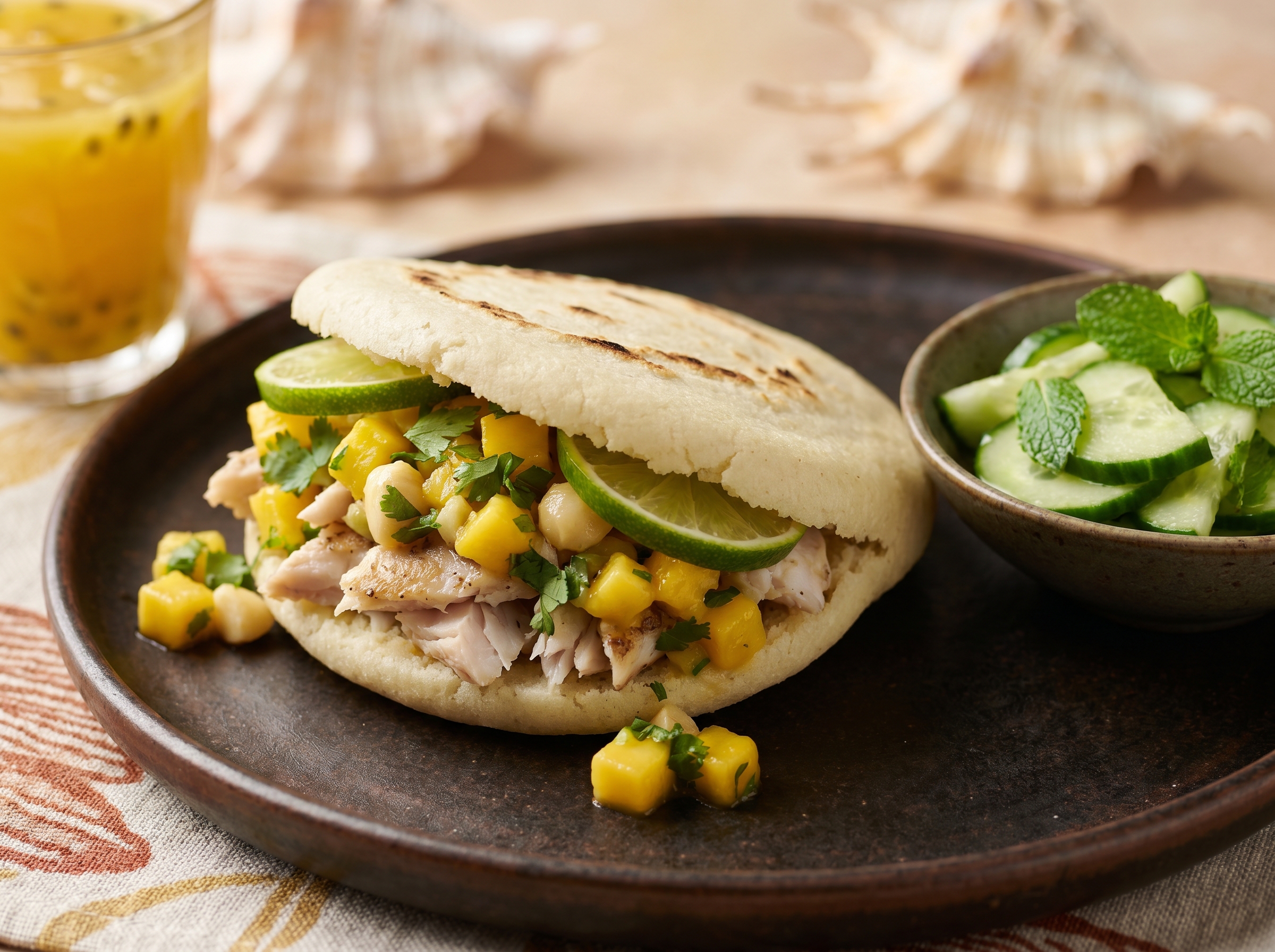 Arepa Australiana de Barramundi con Salsa de Mango y Macadamia