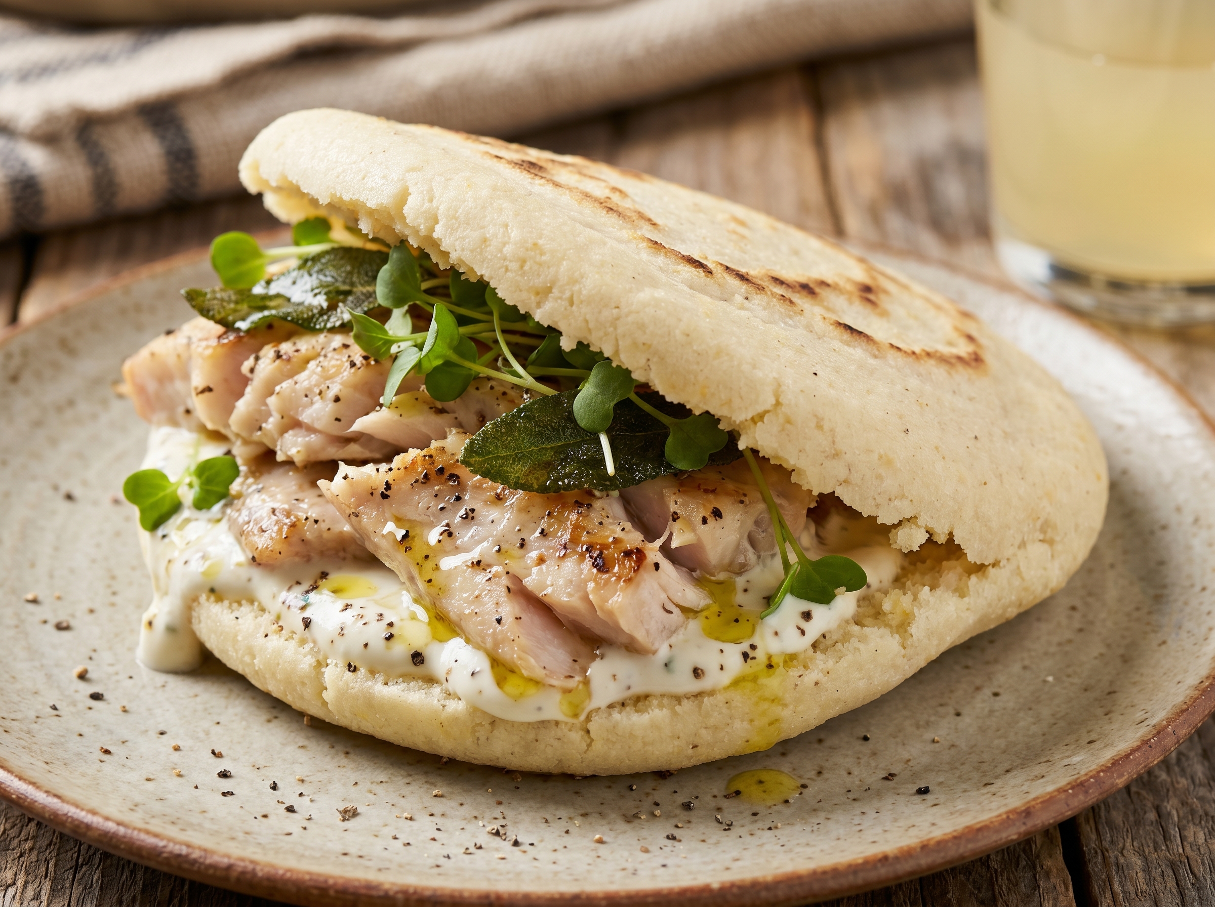 Arepa de Kingfish con Limón Mirtáceo y Pimienta Silvestre