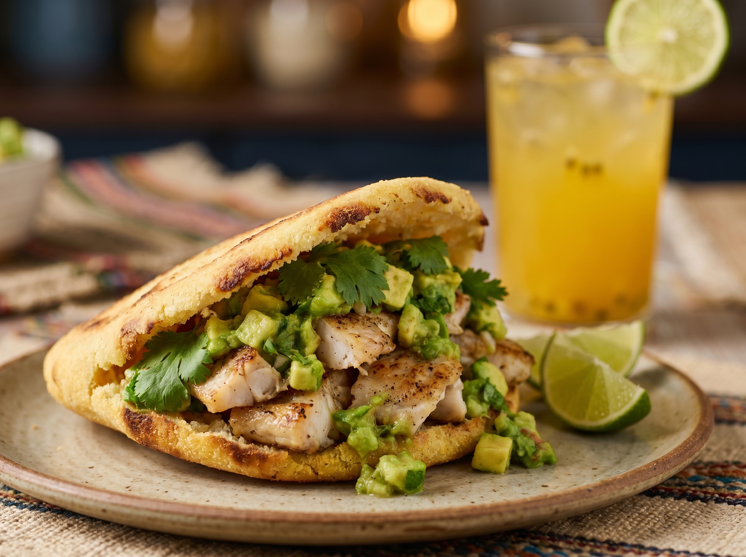 Arepa de Barramundi a la parrilla con salsa de aguacate y limón mirto