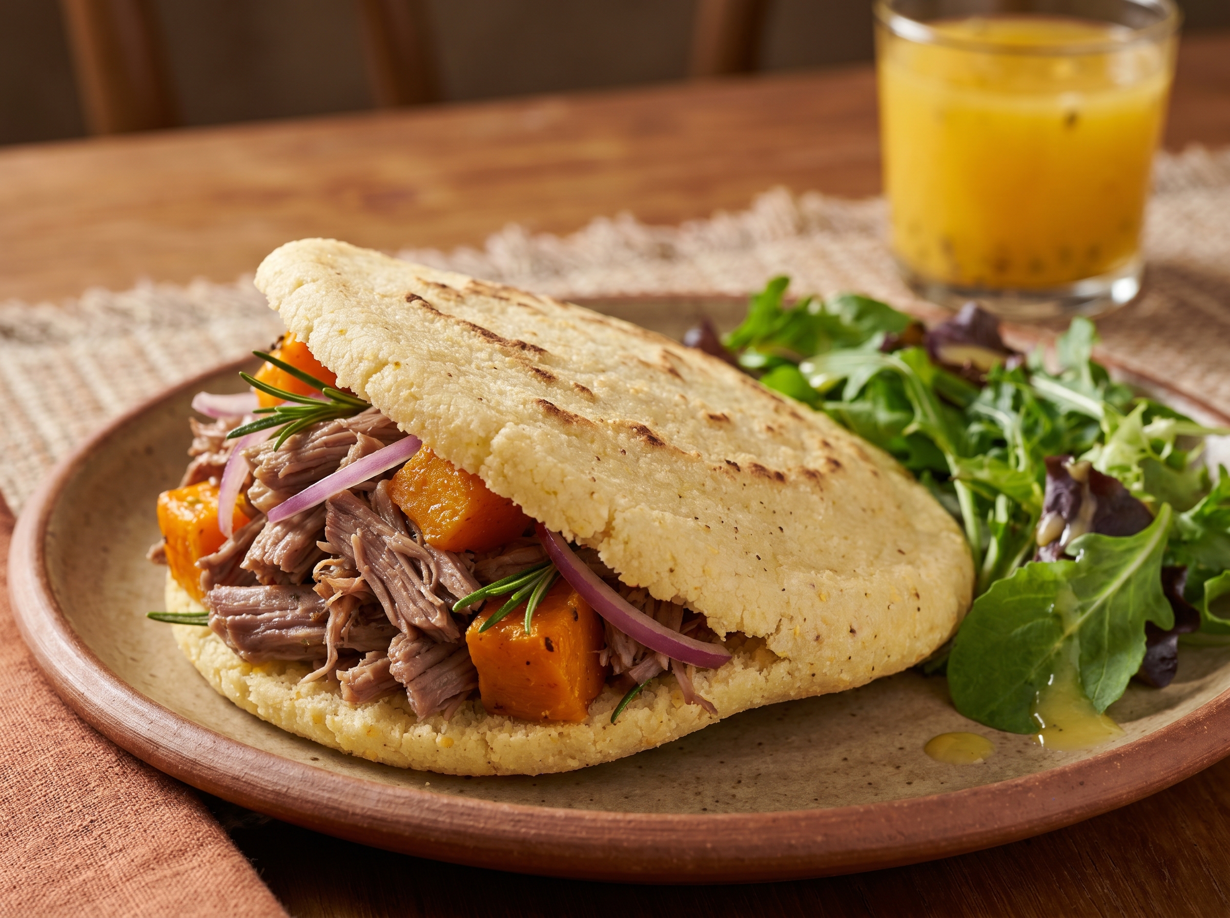Arepa Rellena de Cordero Australiano con Romero y Calabaza Asada