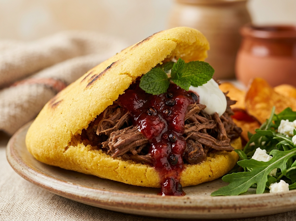 Arepa de Canguro Australiano con Relish de Tomate de Arbusto y Wattleseed