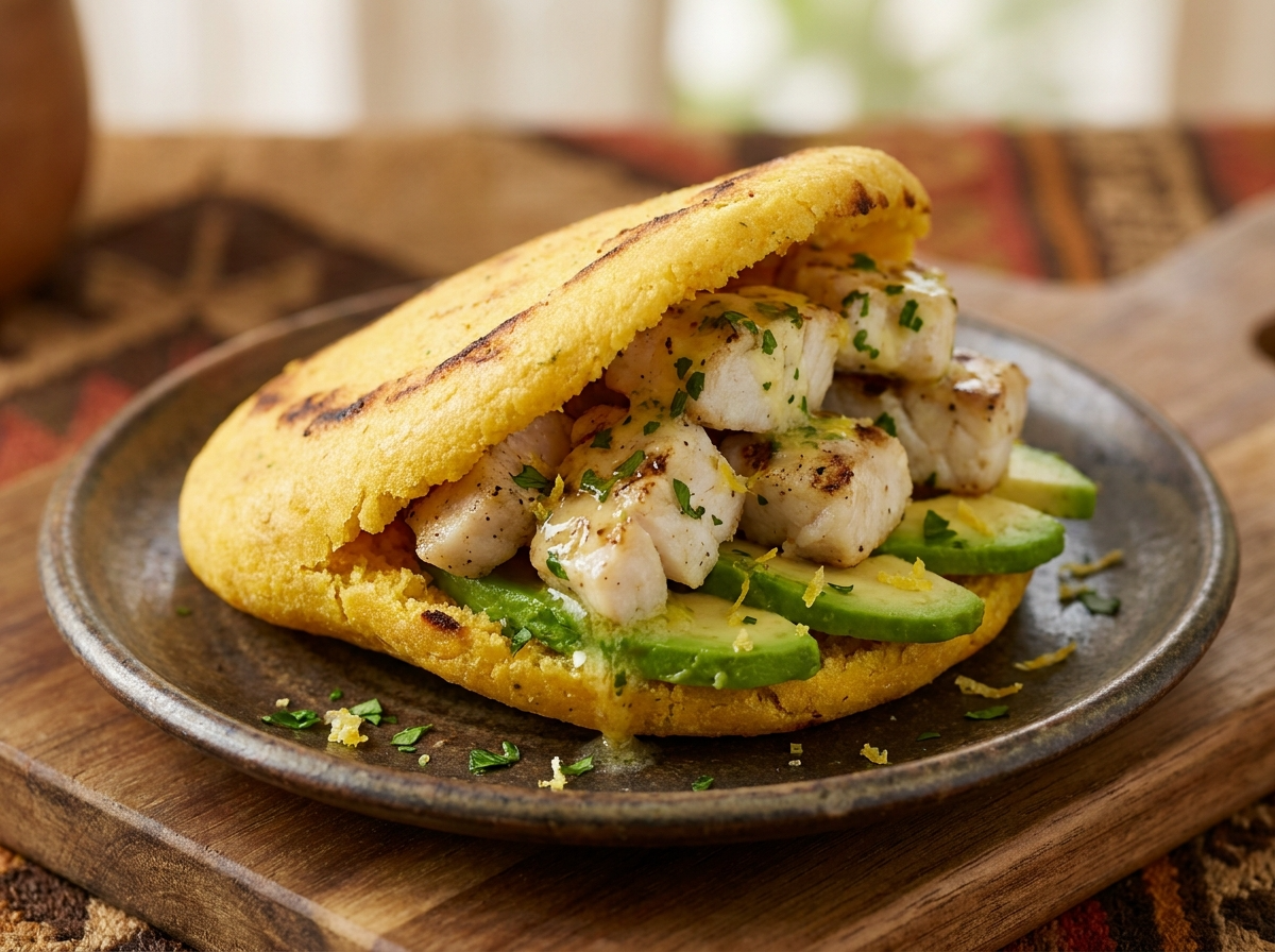 Arepa de Barramundi a la Parrilla con Mantequilla de Limón y Hierbas