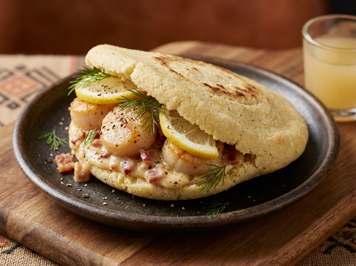 Arepa Rellena de Vieiras Cremosas al Estilo de Tasmania
