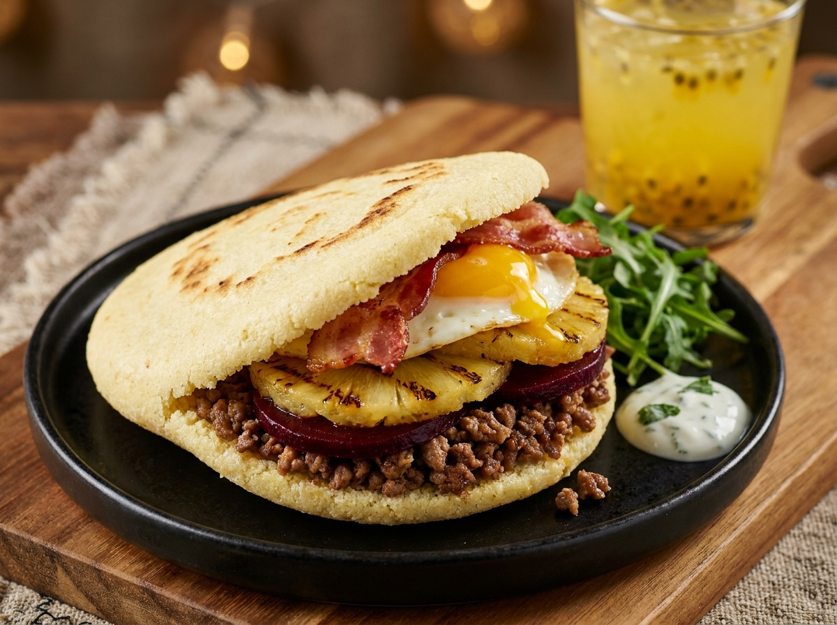 Arepa Australiana con Carne y Remolacha (Aussie Beef & Beetroot Arepa)