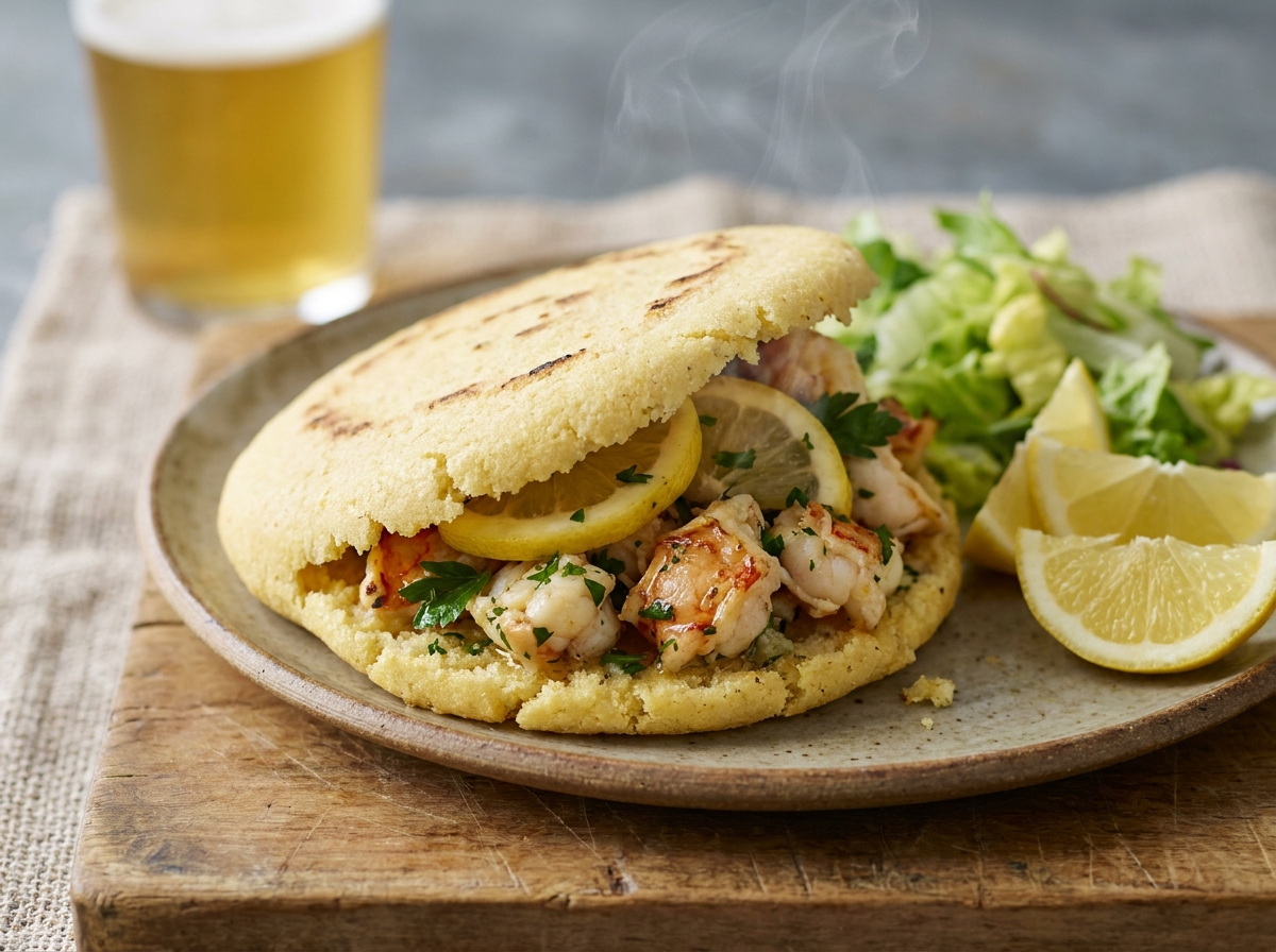 Arepa de Cangrejo Moreton Bay con Mantequilla de Ajo y Limón