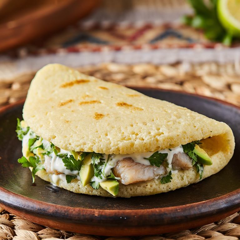 Arepa de Barramundi a la parrilla con crema de limón y mirto