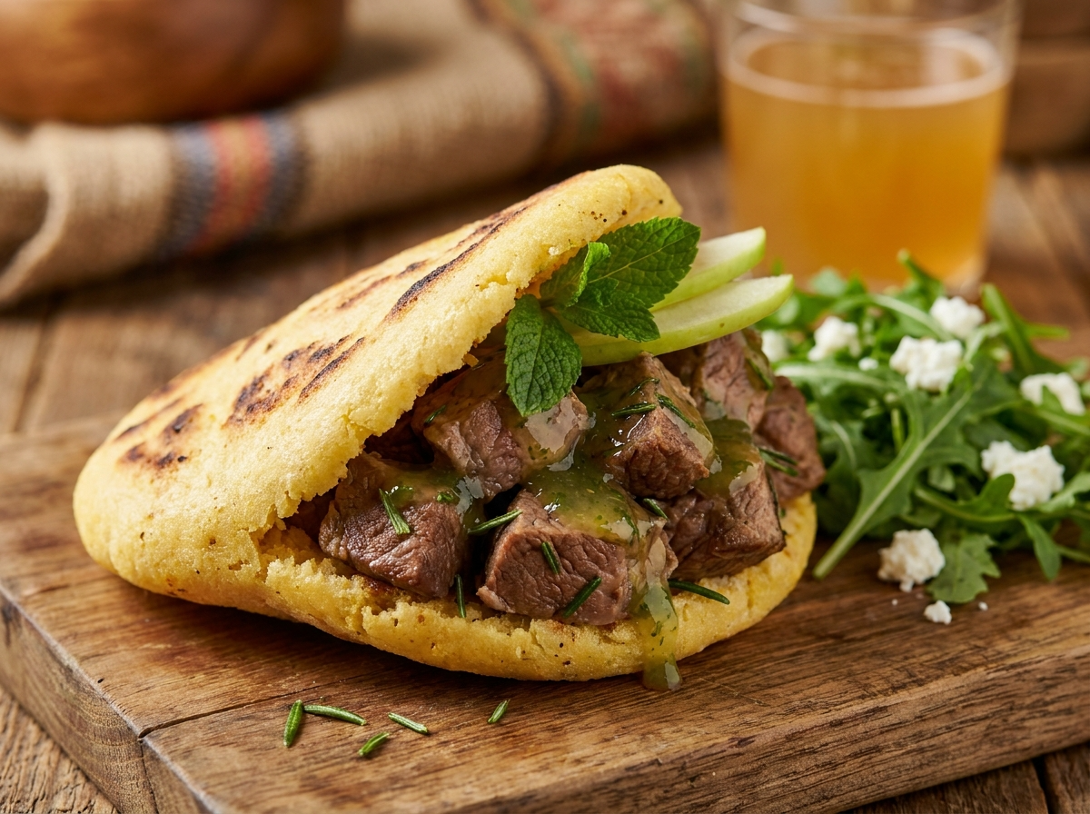 Arepa Australiana de Cordero Braseado con Salsa de Manzana y Menta