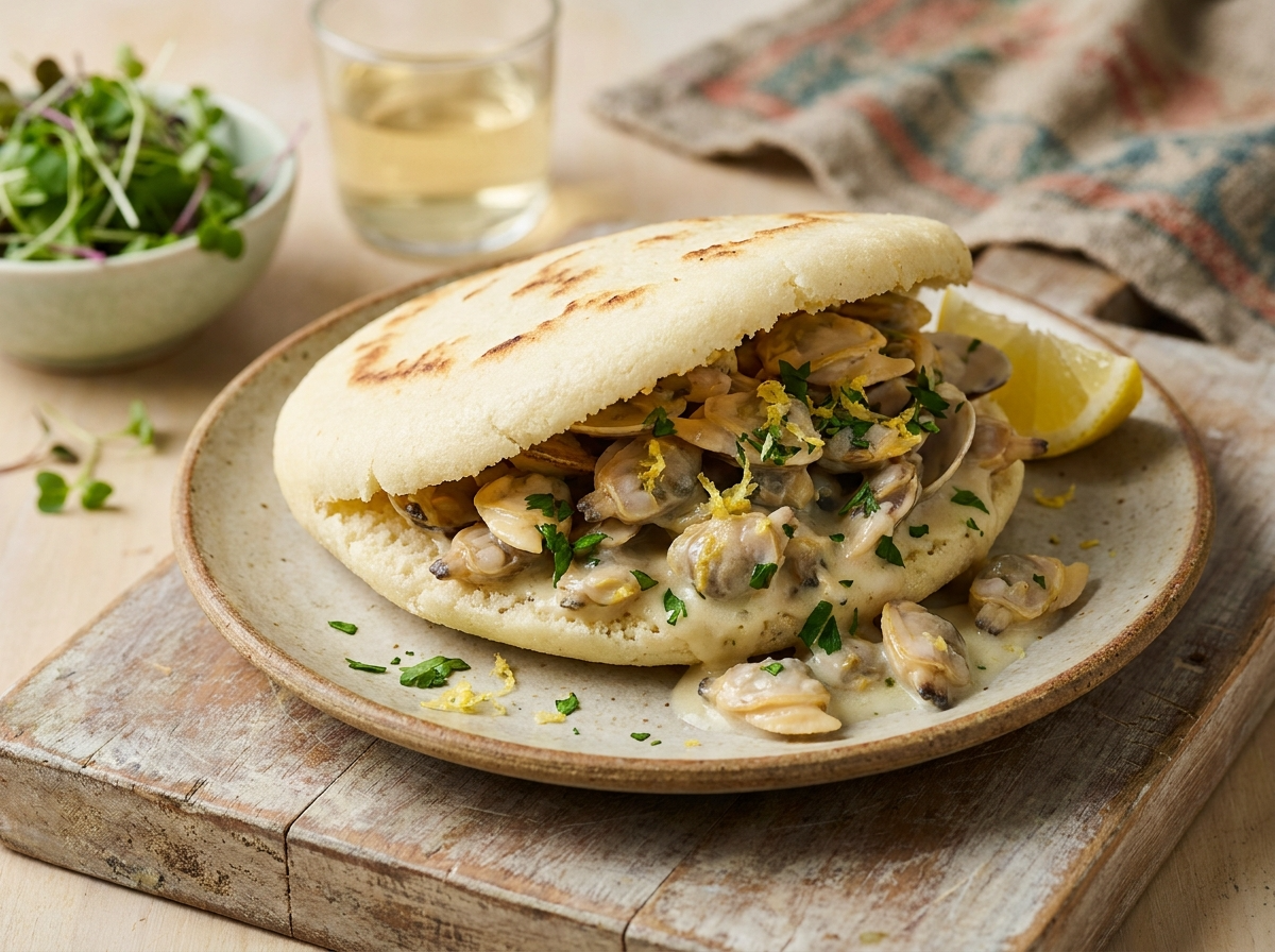 Arepa de Pipis al Vino Blanco (Arepa de Almejas Australianas)