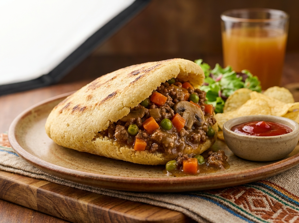 Arepa rellena de pastel de carne australiano