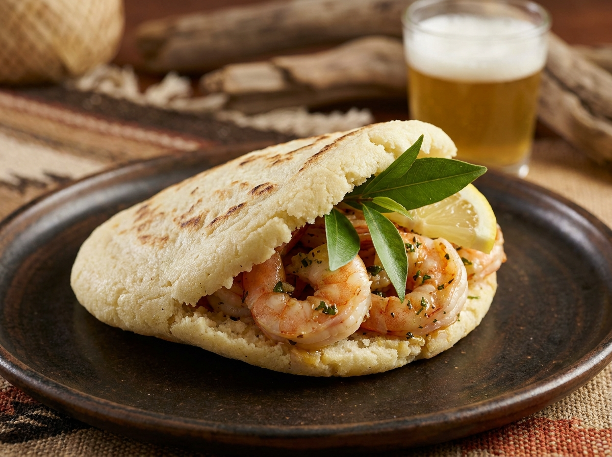 Arepa de Gambas al Ajillo con Toque Australiano