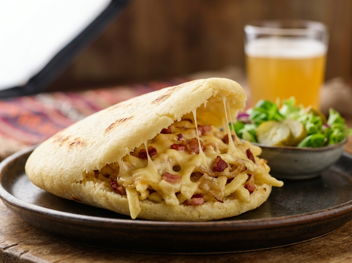 Arepa de Käsespätzle (Arepa Rellena de Tallarines con Queso y Cebolla Caramelizada)