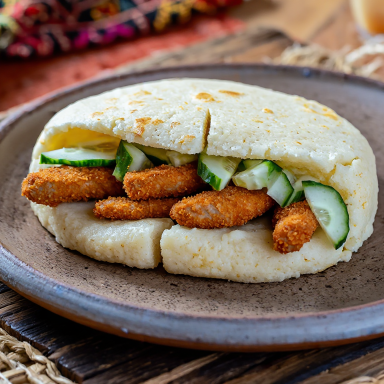 Arepa Vienesa con Schnitzel y Ensalada de Pepino