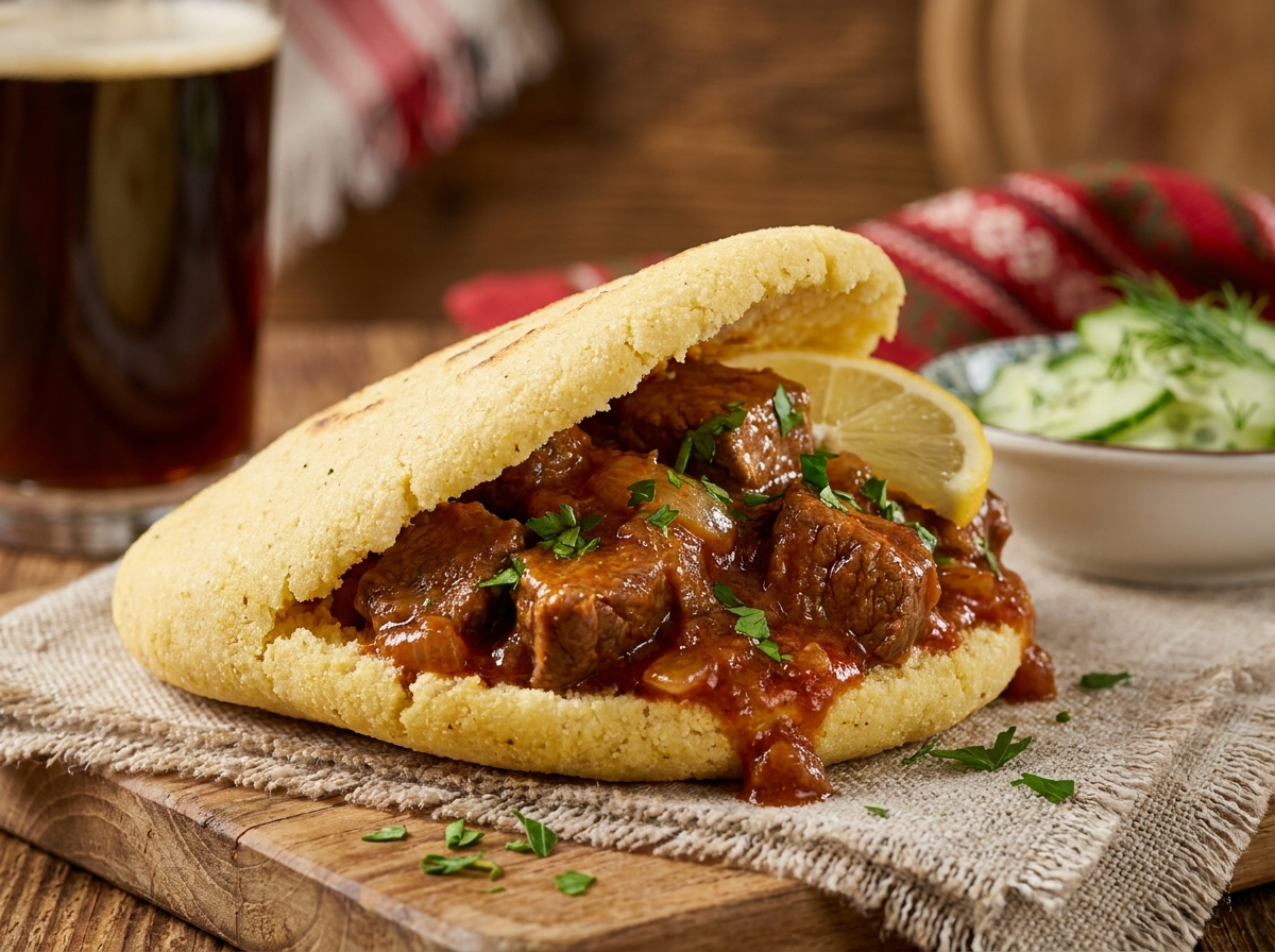 Arepa rellena de Rindsgulasch al estilo Salzkammergut