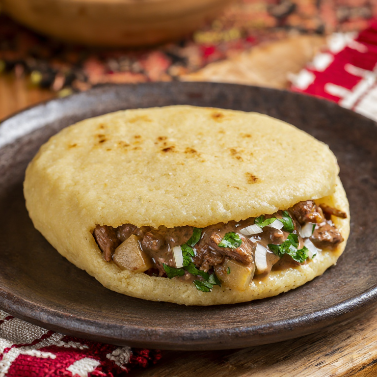Arepa Tafelspitz: Relleno de Carne Cocida con Rábano Picante y Patatas Crujientes