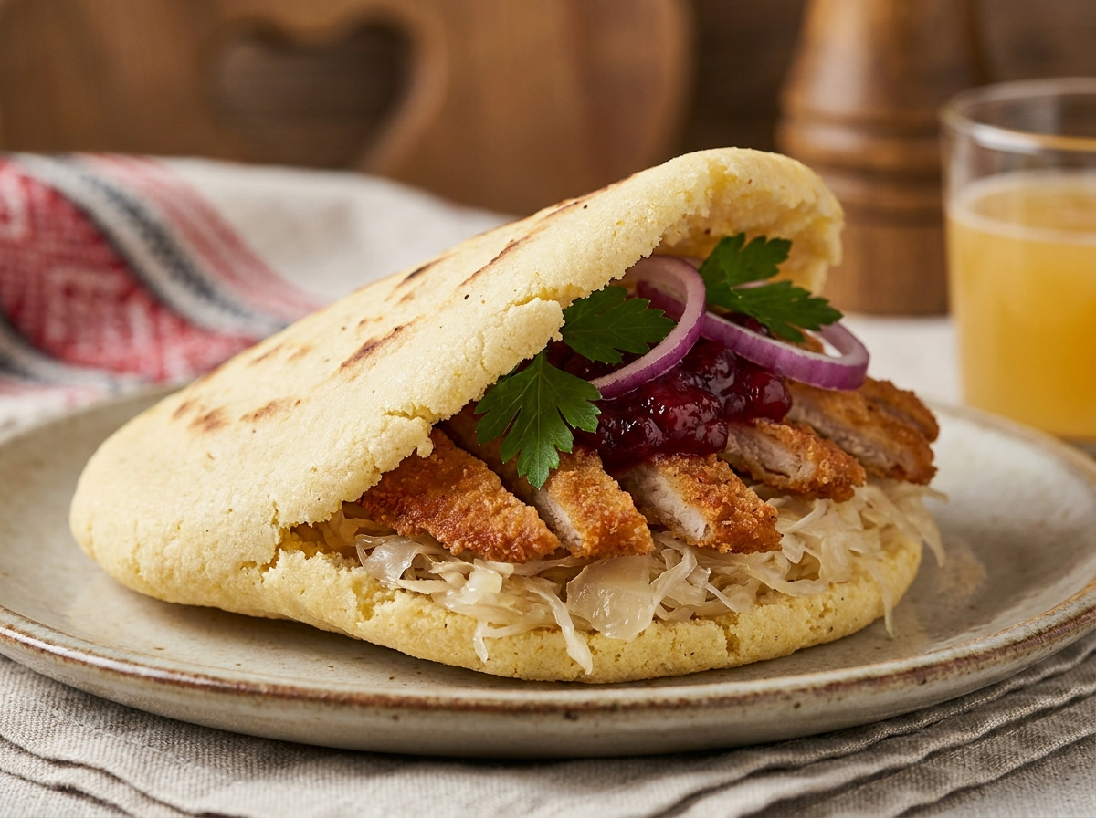 Arepa de Schnitzel Vienés con Chucrut y Arándanos Rojos
