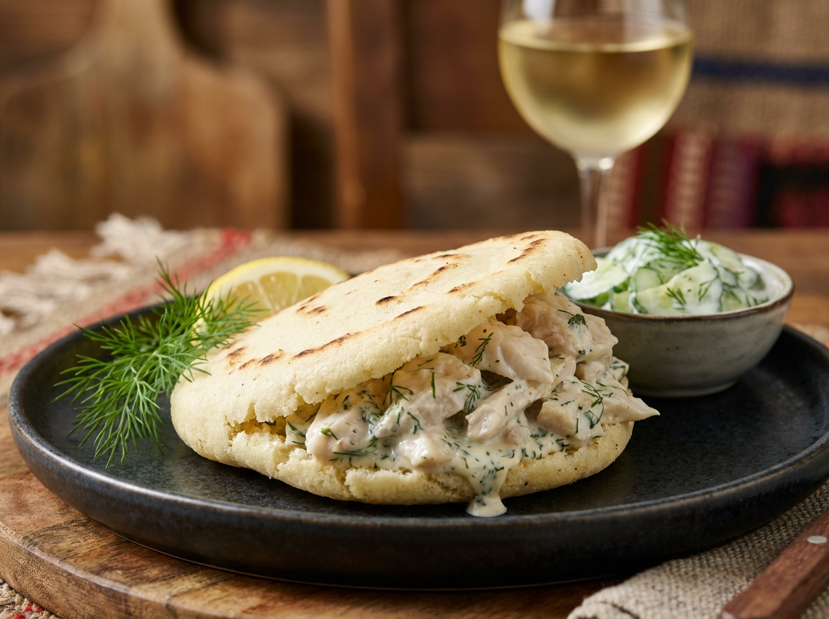 Areppa estilo Bregenz: Arepa rellena de Felchen del Lago Constanza con salsa de hierbas