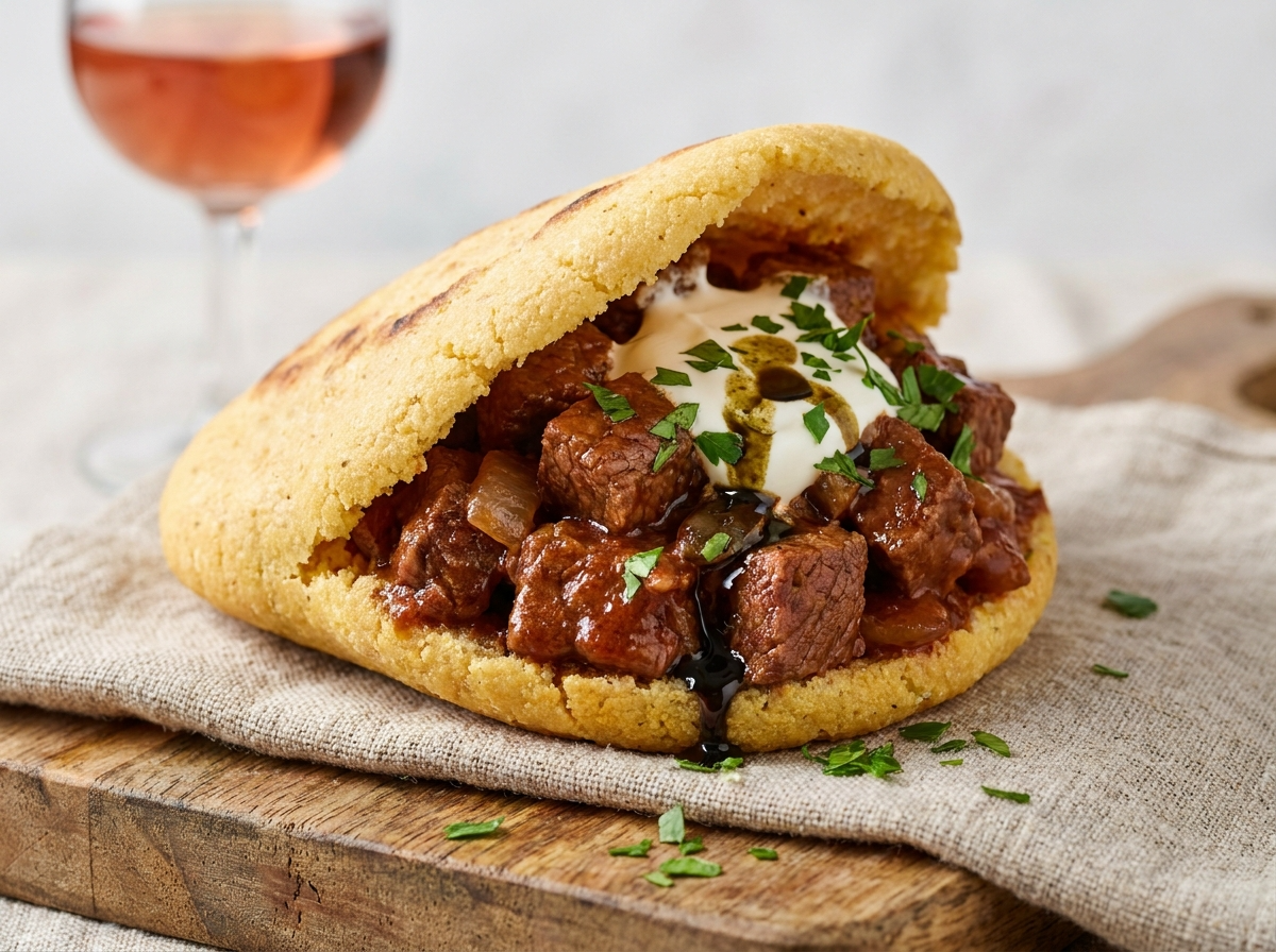Arepa de Rindsgulasch (Arepa rellena de estofado de ternera austriaco)
