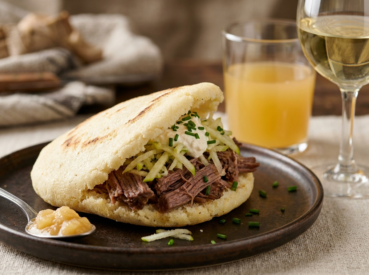 Arepa Tafelspitz: Fusión Austriaca con Relleno de Carne y Rábanos Picantes
