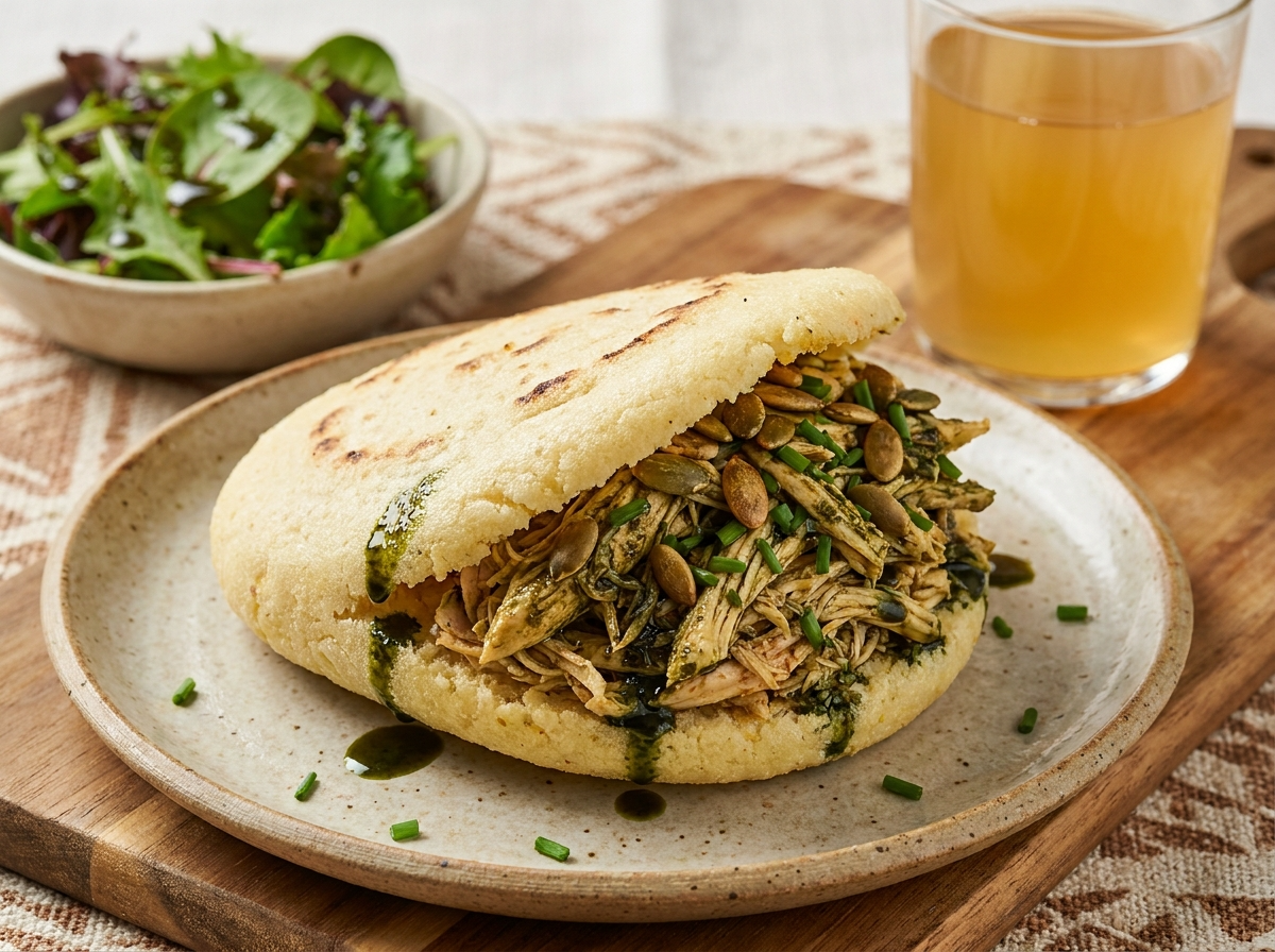 Arepa Rellena de Pollo al Aceite de Pepita de Calabaza Estirio