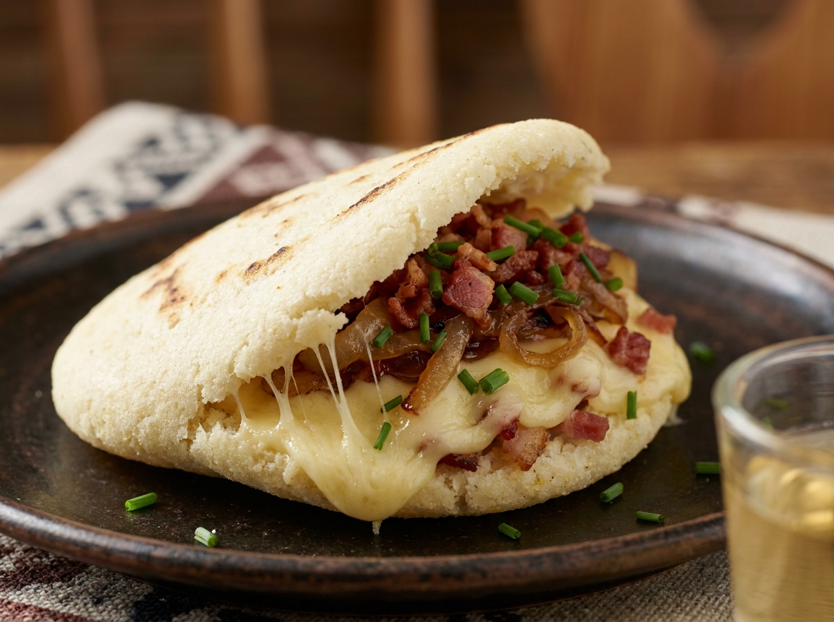 Arepa de Käsespätzle (Arepa Rellena con Queso Fundido y Cebolla Caramelizada)