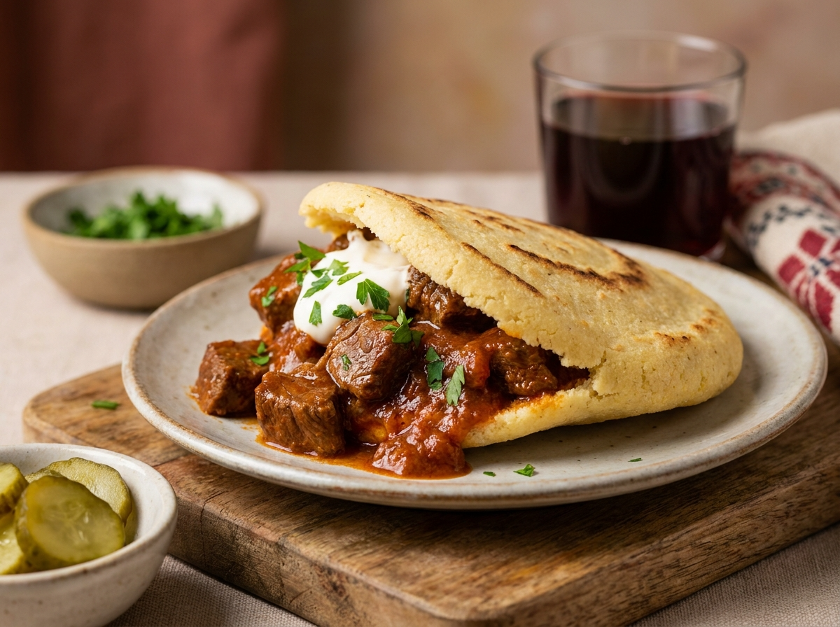 Arepa Rellena de Gulasch Austriaco