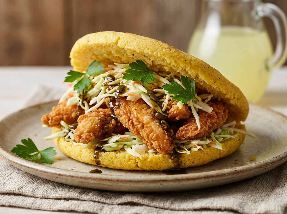 Arepa Estiria: Pollo Frito al Estilo Backhendl con Ensalada de Col y Vinagreta de Pepitas de Calabaza