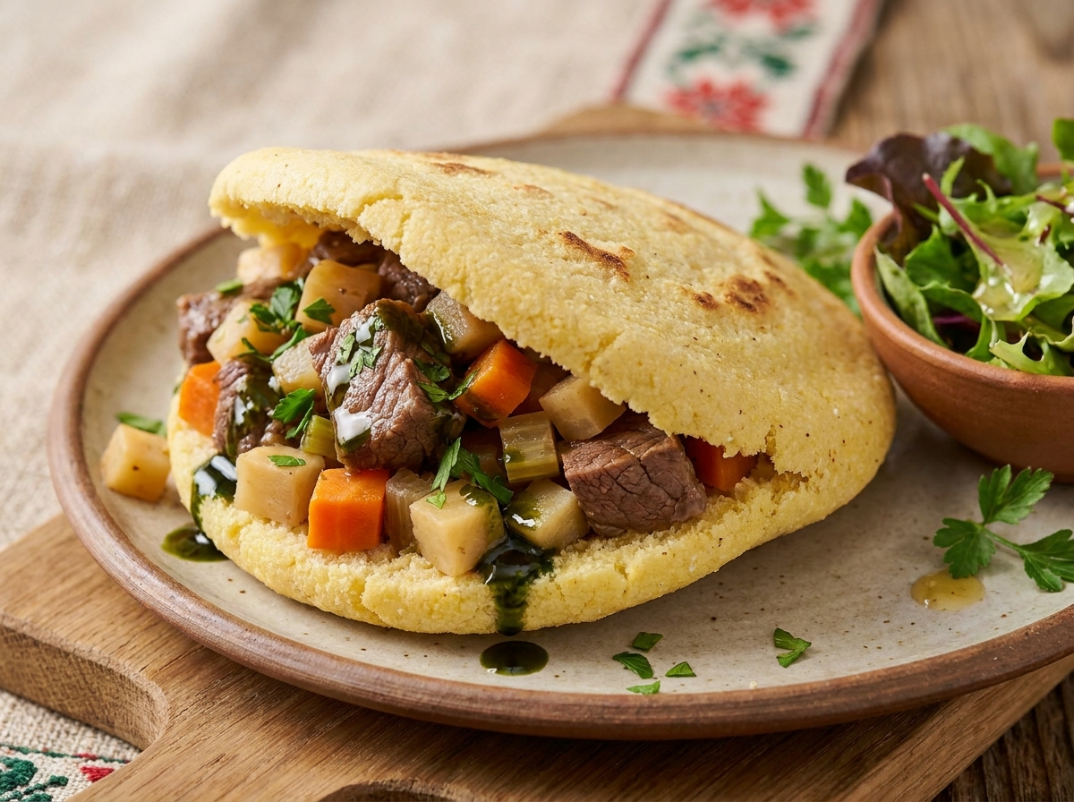 Arepa Rellena de Estofado Estirio (Steirisches Wurzelfleisch)