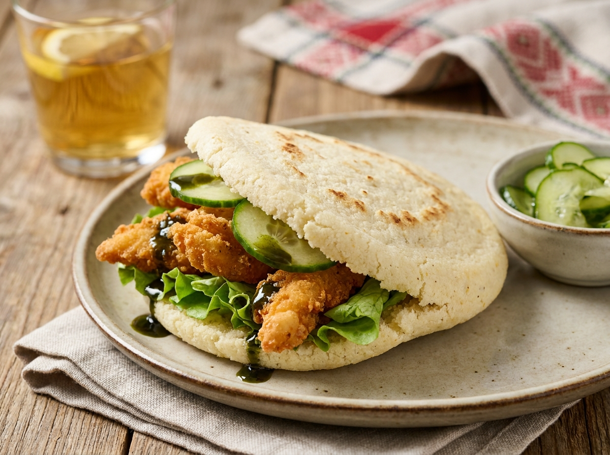 Arepa de Backhendl con Aceite de Pepita de Calabaza